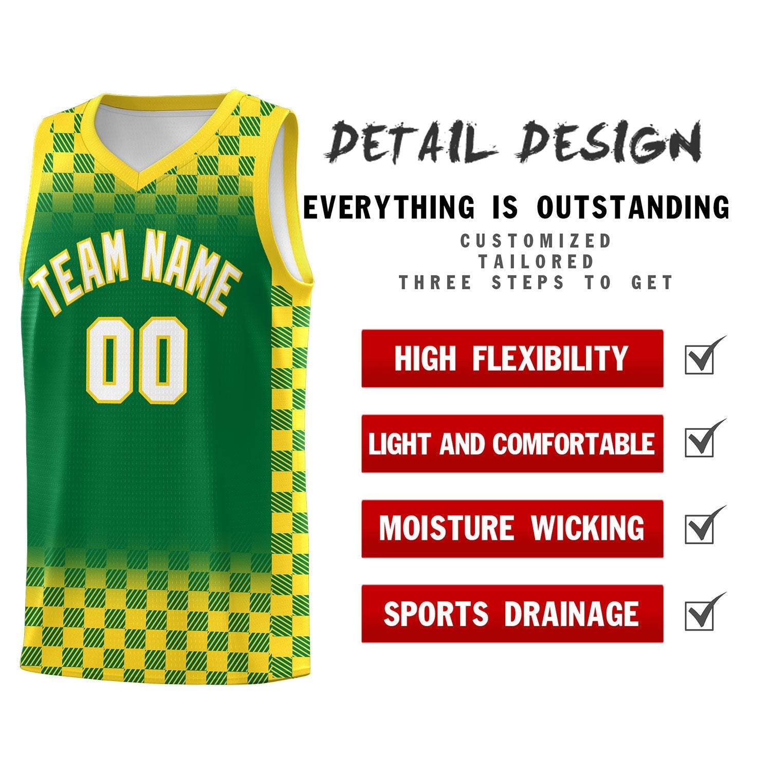 Custom Kelly Green Gold Classic Plaid Pattern Sports Uniform Basketball Jersey