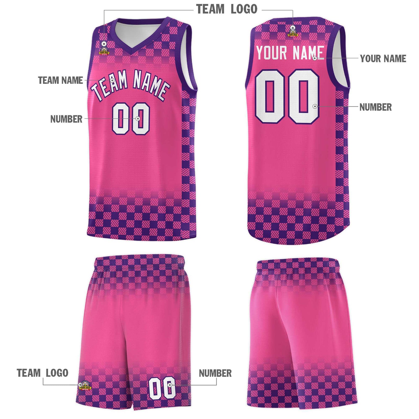 Custom Pink Purple Classic Plaid Pattern Sports Uniform Basketball Jersey