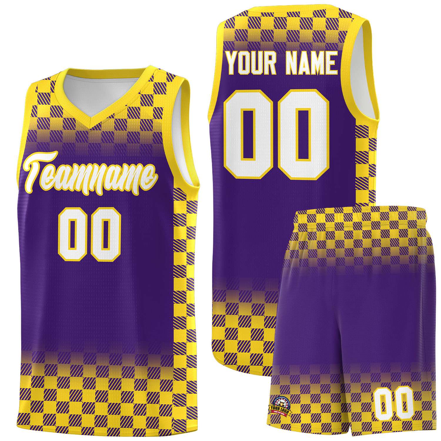 Custom Purple Gold Classic Plaid Pattern Sports Uniform Basketball Jersey