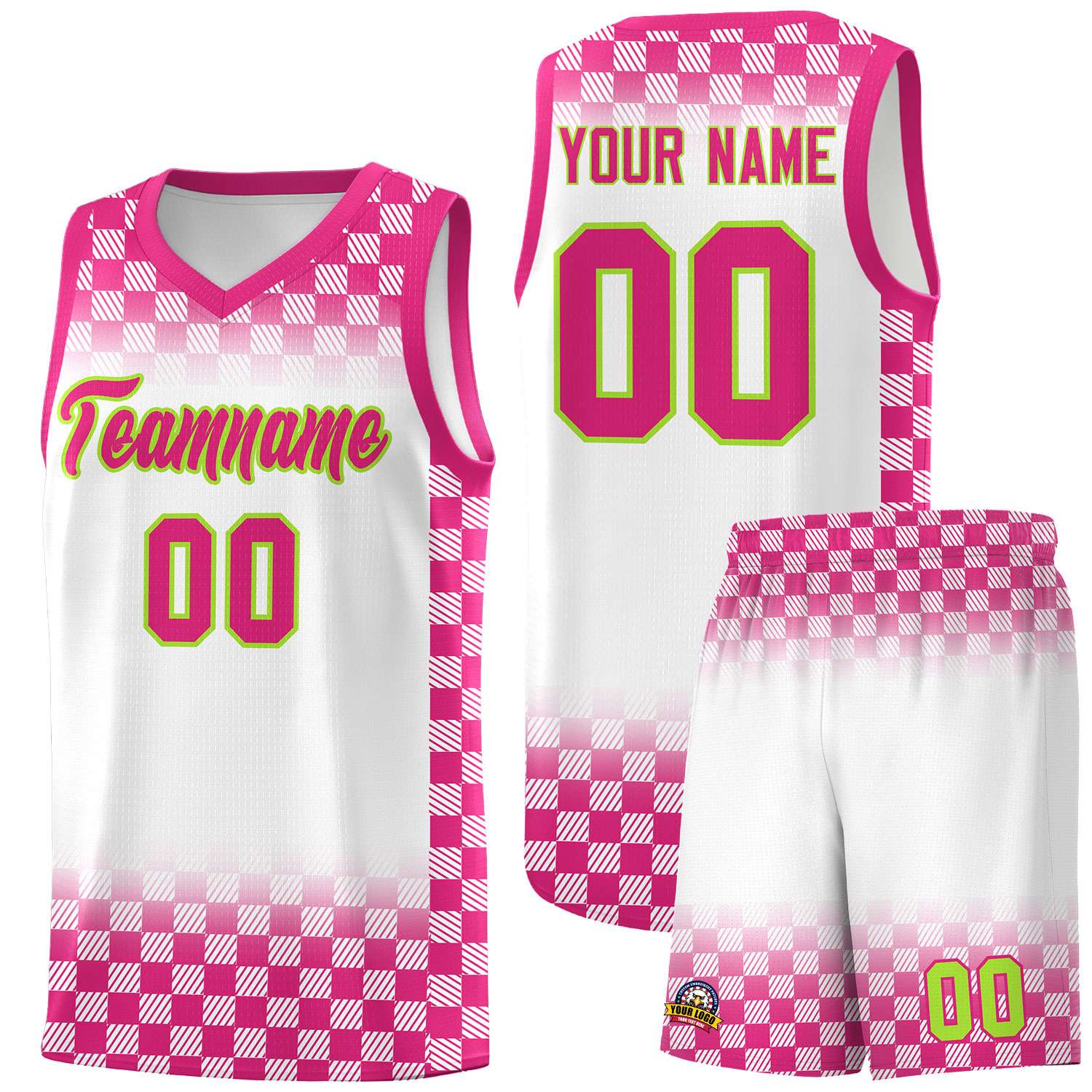 Custom White Pink Classic Plaid Pattern Sports Uniform Basketball Jersey