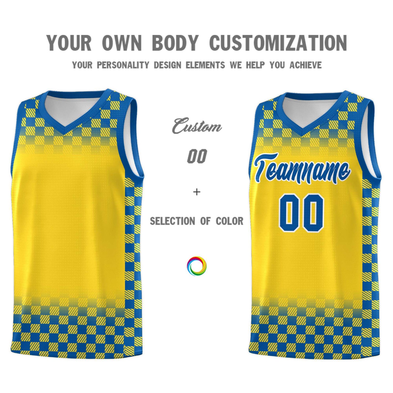 Custom Gold Royal Classic Plaid Pattern Sports Uniform Basketball Jersey