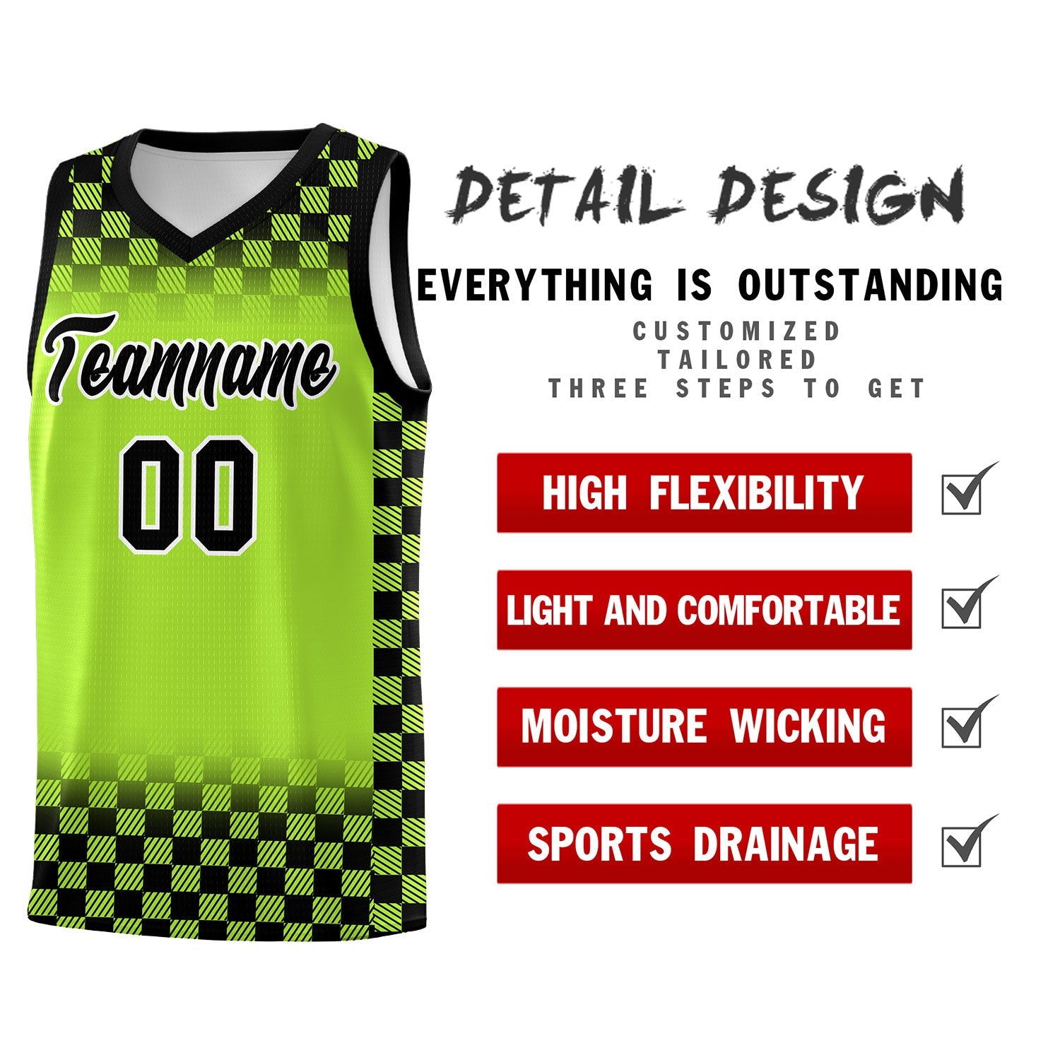 Custom Neon Green Black Classic Plaid Pattern Sports Uniform Basketball Jersey