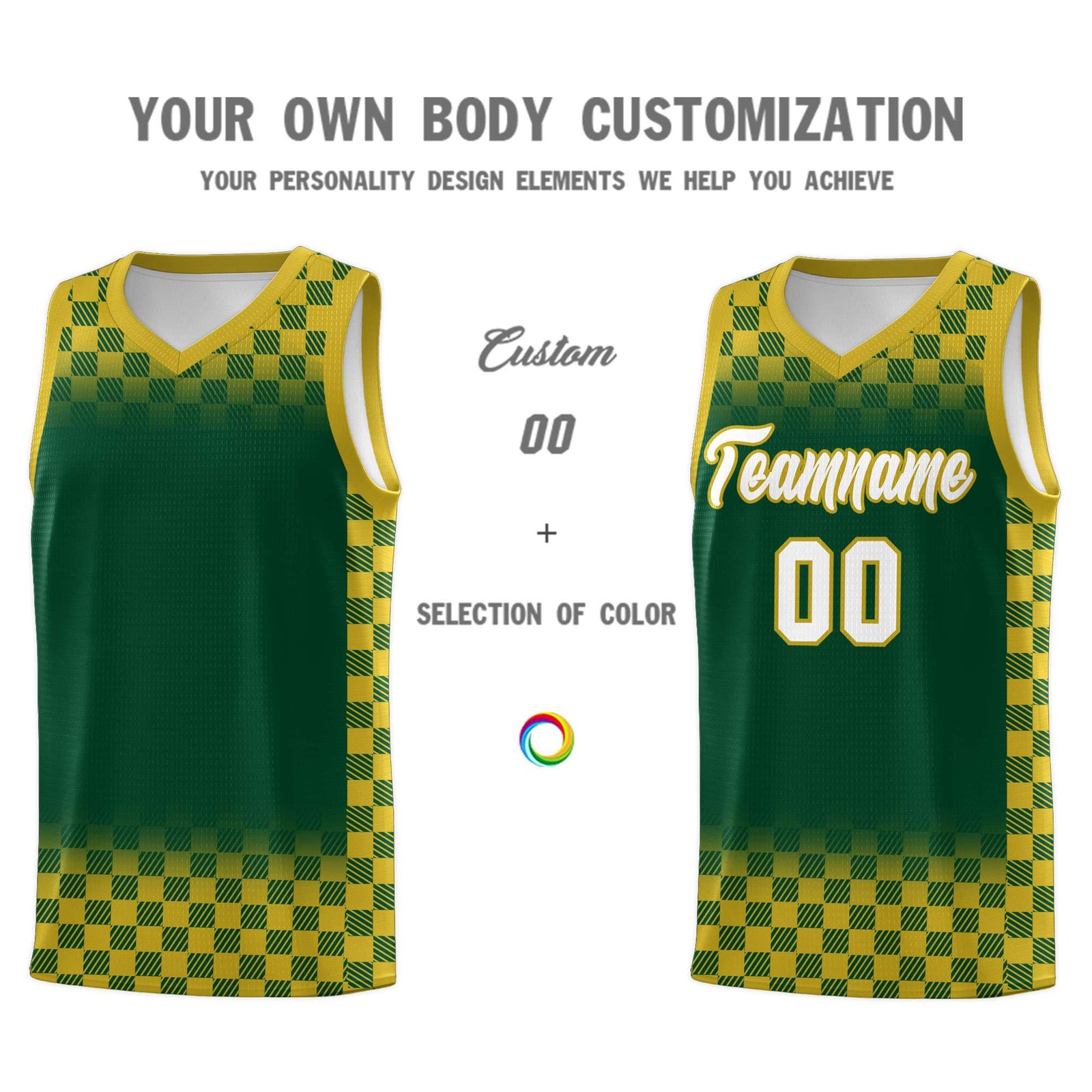 Custom Green Old Gold Classic Plaid Pattern Sports Uniform Basketball Jersey