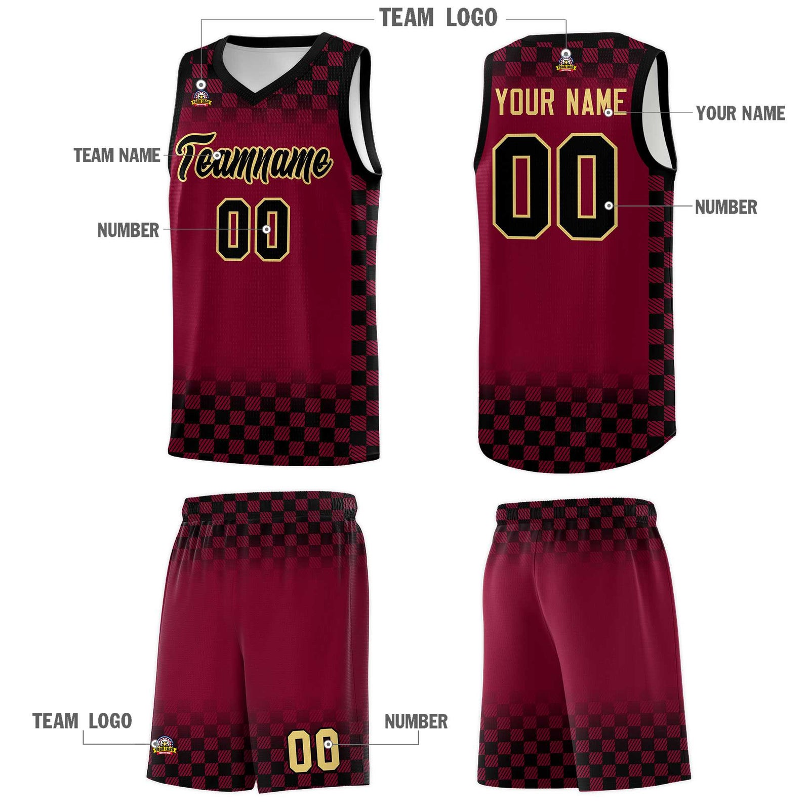 Custom Crimson Black Classic Plaid Pattern Sports Uniform Basketball Jersey