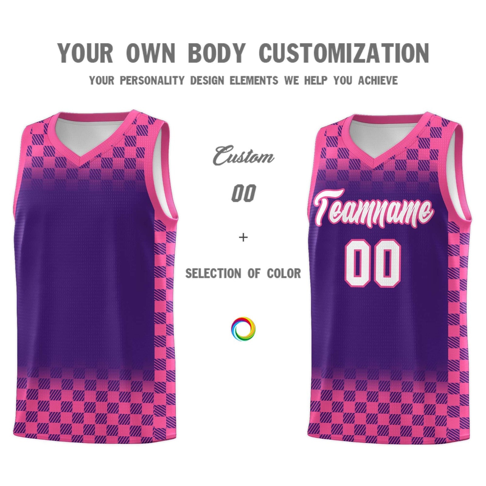 Custom Purple Pink Classic Plaid Pattern Sports Uniform Basketball Jersey