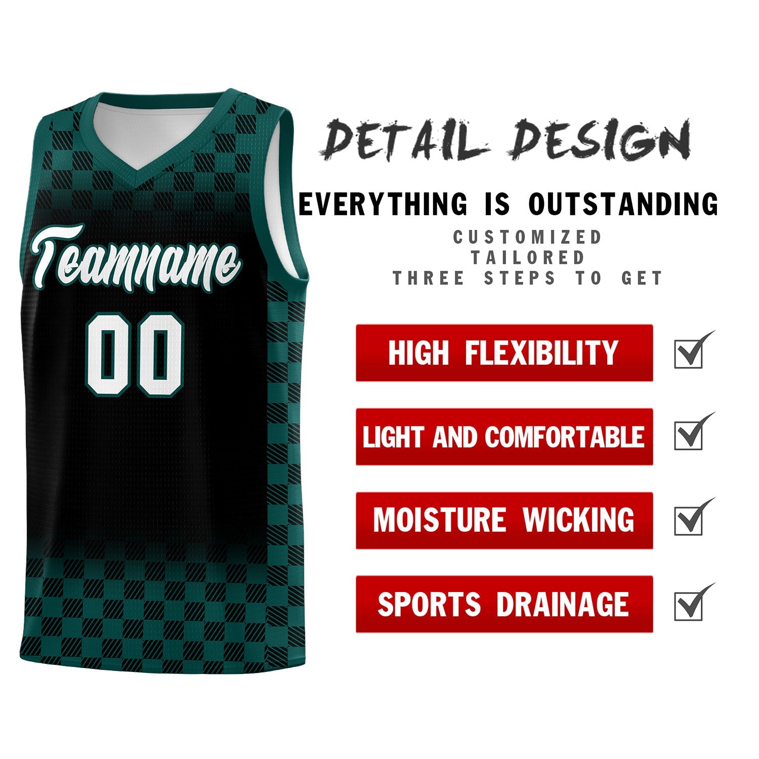 Custom Black Midnight Green Classic Plaid Pattern Sports Uniform Basketball Jersey