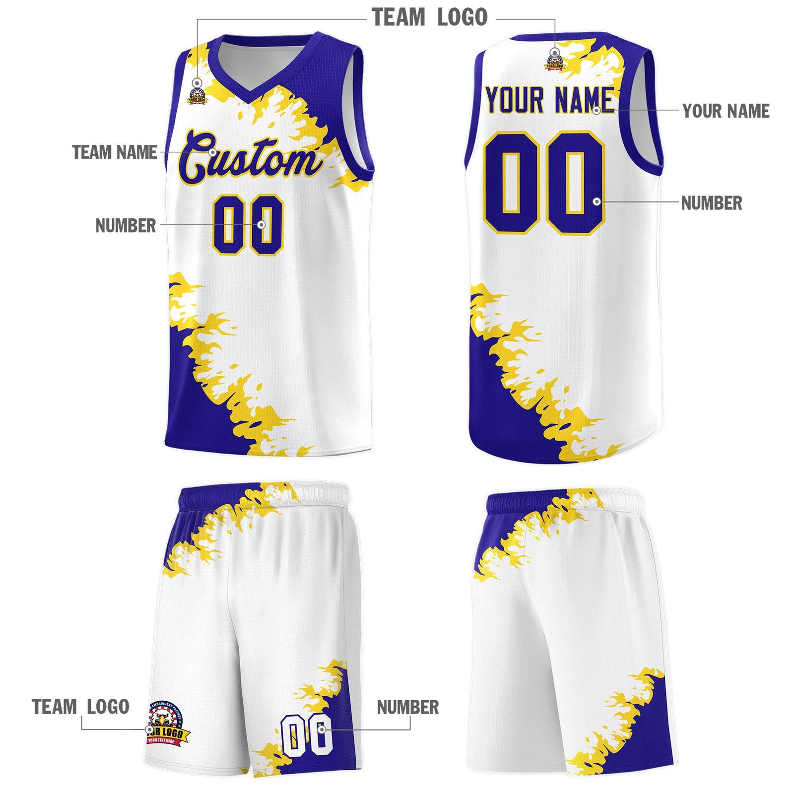 Custom White Royal-Gold Sparkle Print Pattern Basketball Kits