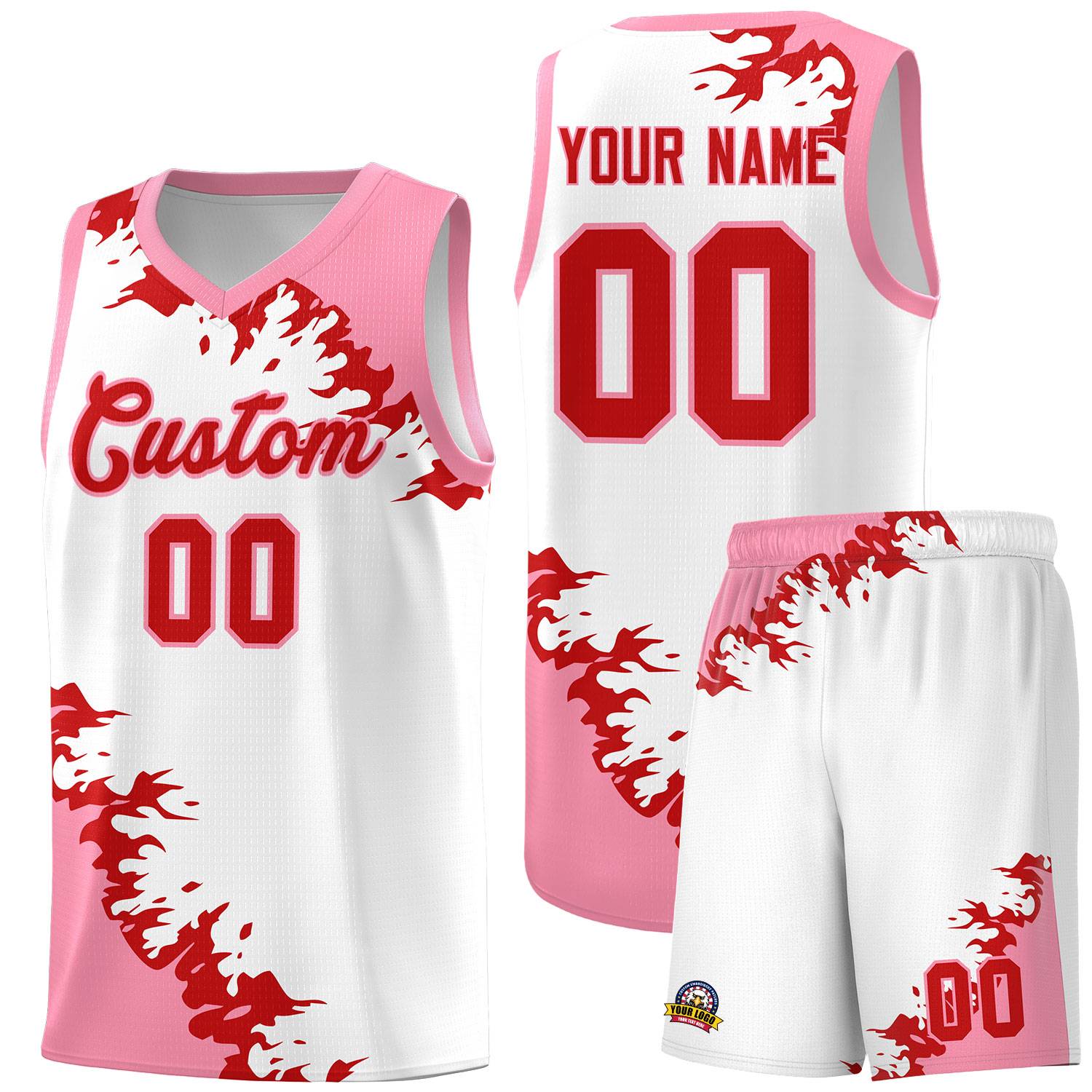 Custom White Light Pink-Red Sparkle Print Pattern Basketball Kits