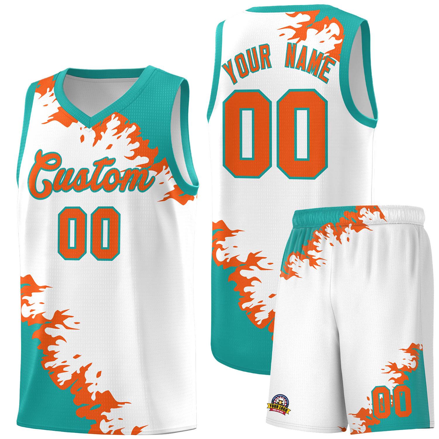 Custom White Aqua-Orange Sparkle Print Pattern Basketball Kits