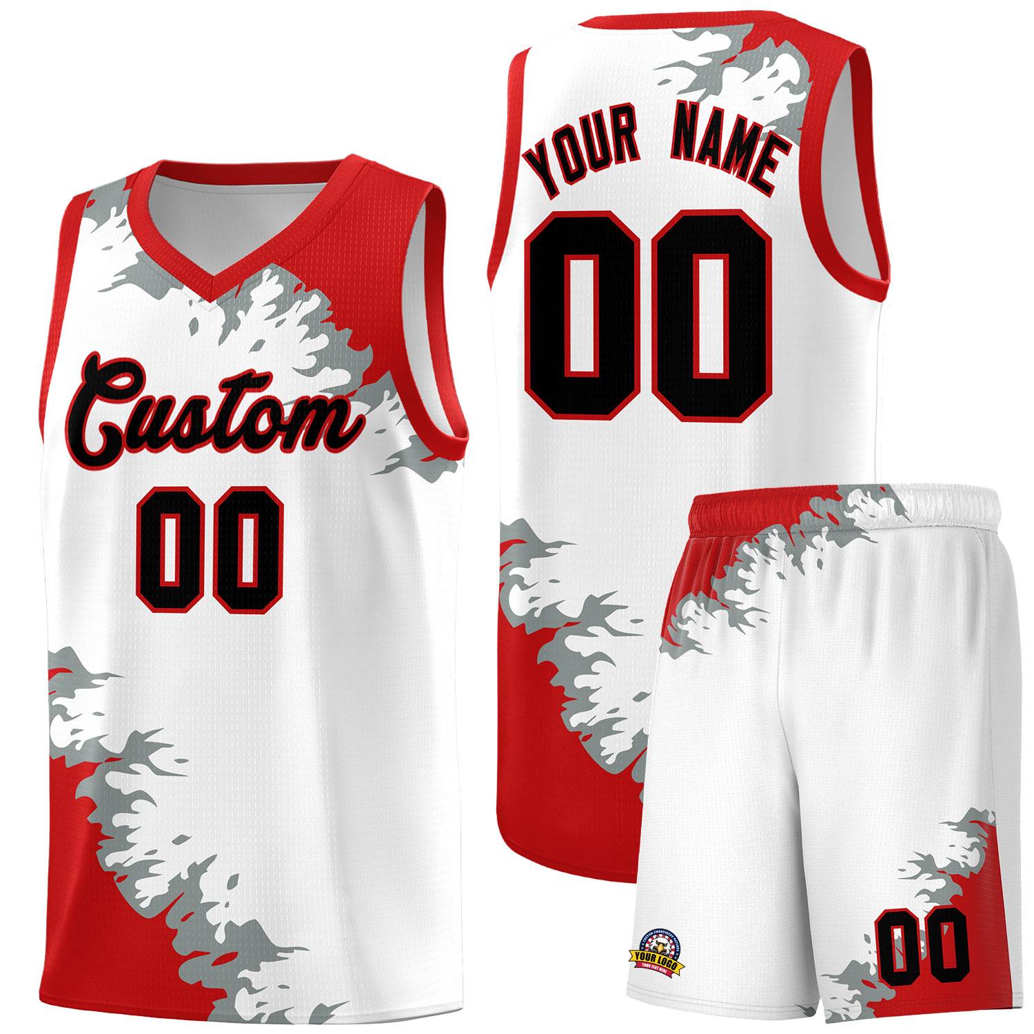 Custom White Red-Silver Gray Sparkle Print Pattern Basketball Kits
