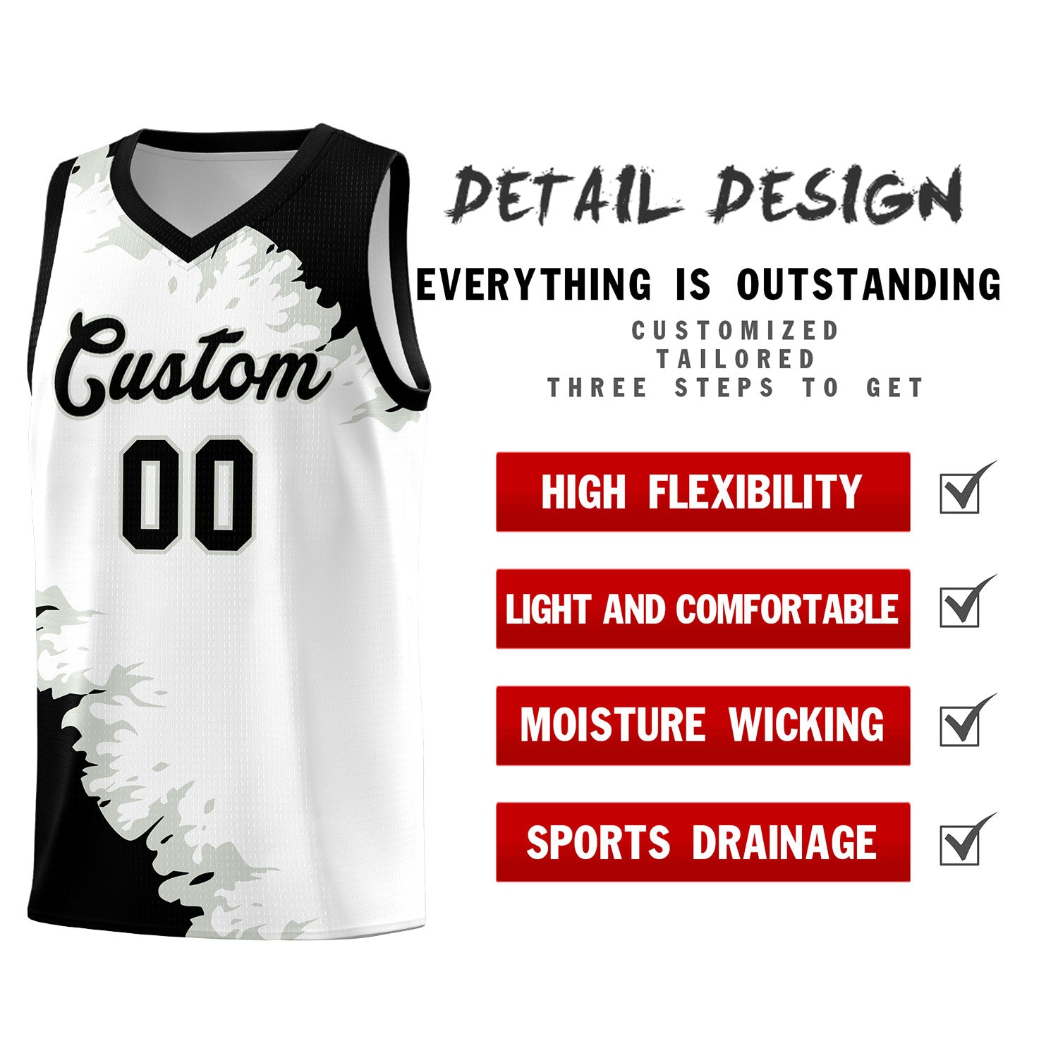 Custom White Black-Gray Sparkle Print Pattern Basketball Kits