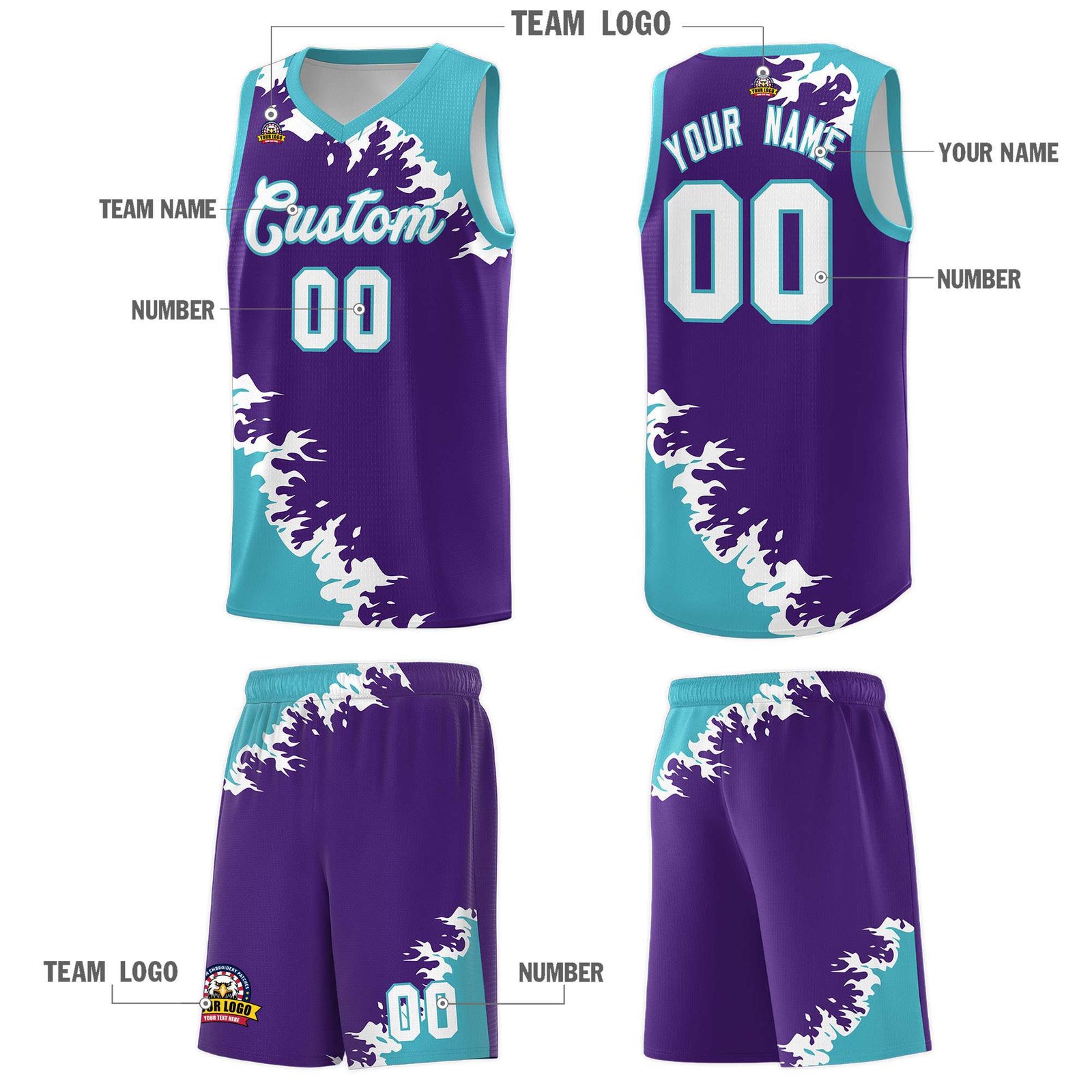 Custom Purple Sky Blue-White Sparkle Print Pattern Basketball Kits