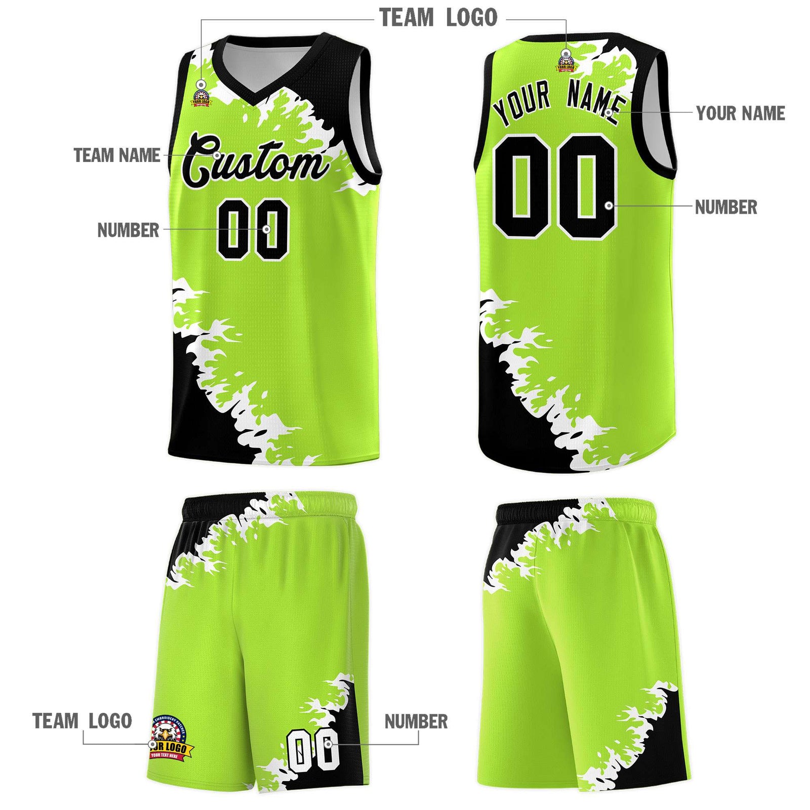 Custom Neon Green Black-White Sparkle Print Pattern Basketball Kits