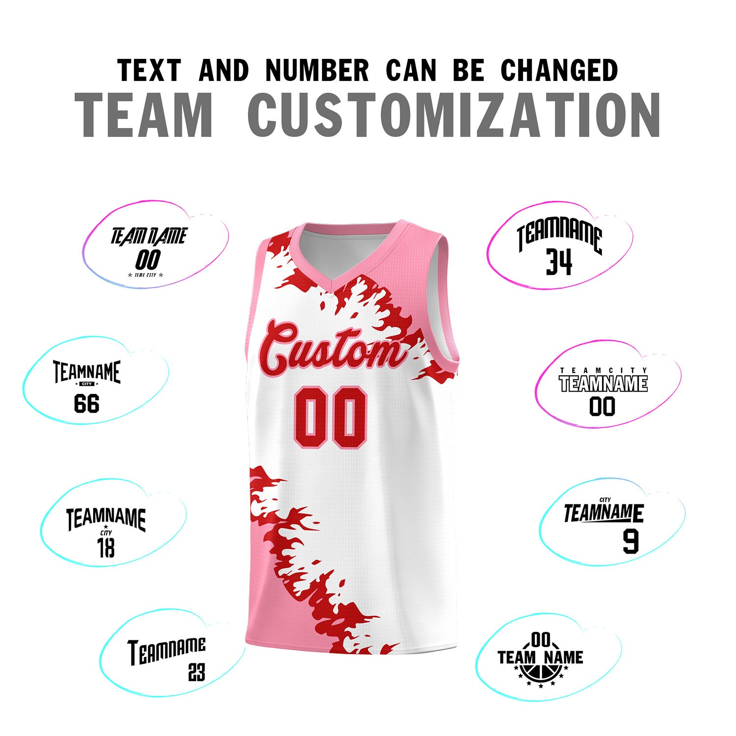 Custom White Light Pink-Red Sparkle Print Pattern Basketball Kits