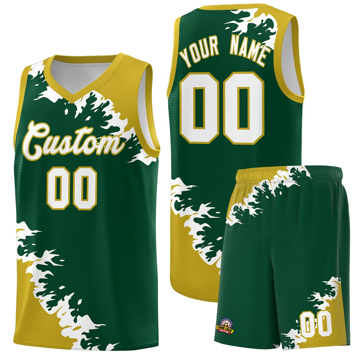Custom Green Old Gold-White Sparkle Print Pattern Basketball Kits
