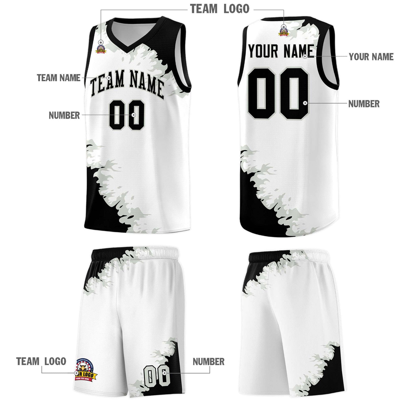 Custom White Black-Gray Sparkle Print Pattern Basketball Kits