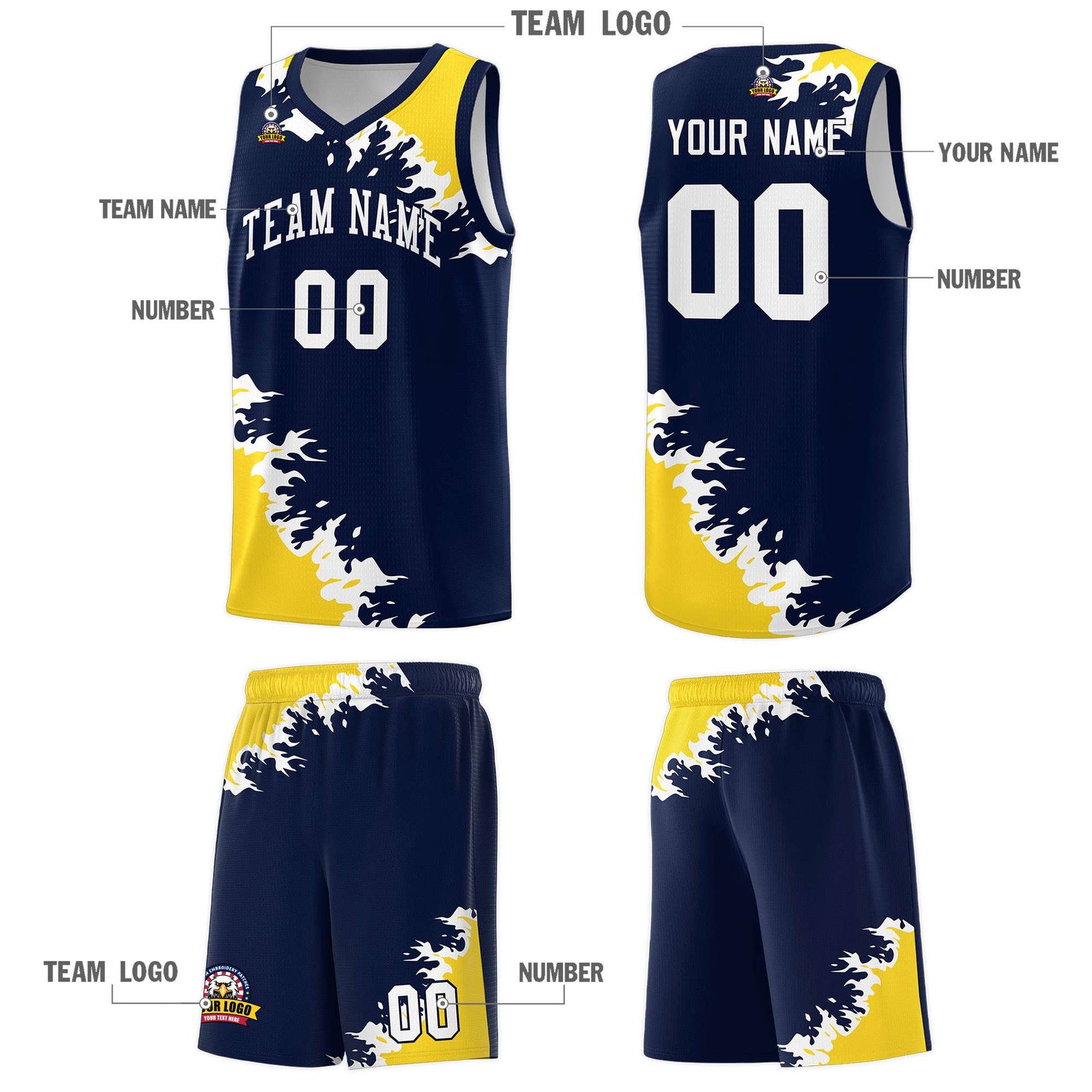 Custom Navy Gold-White Sparkle Print Pattern Basketball Kits