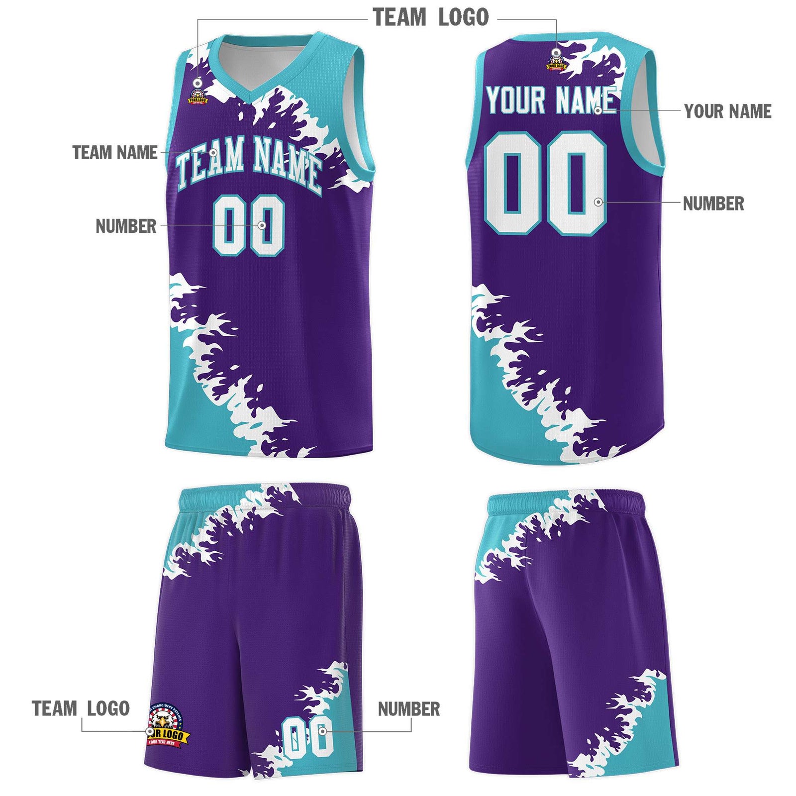 Custom Purple Sky Blue-White Sparkle Print Pattern Basketball Kits