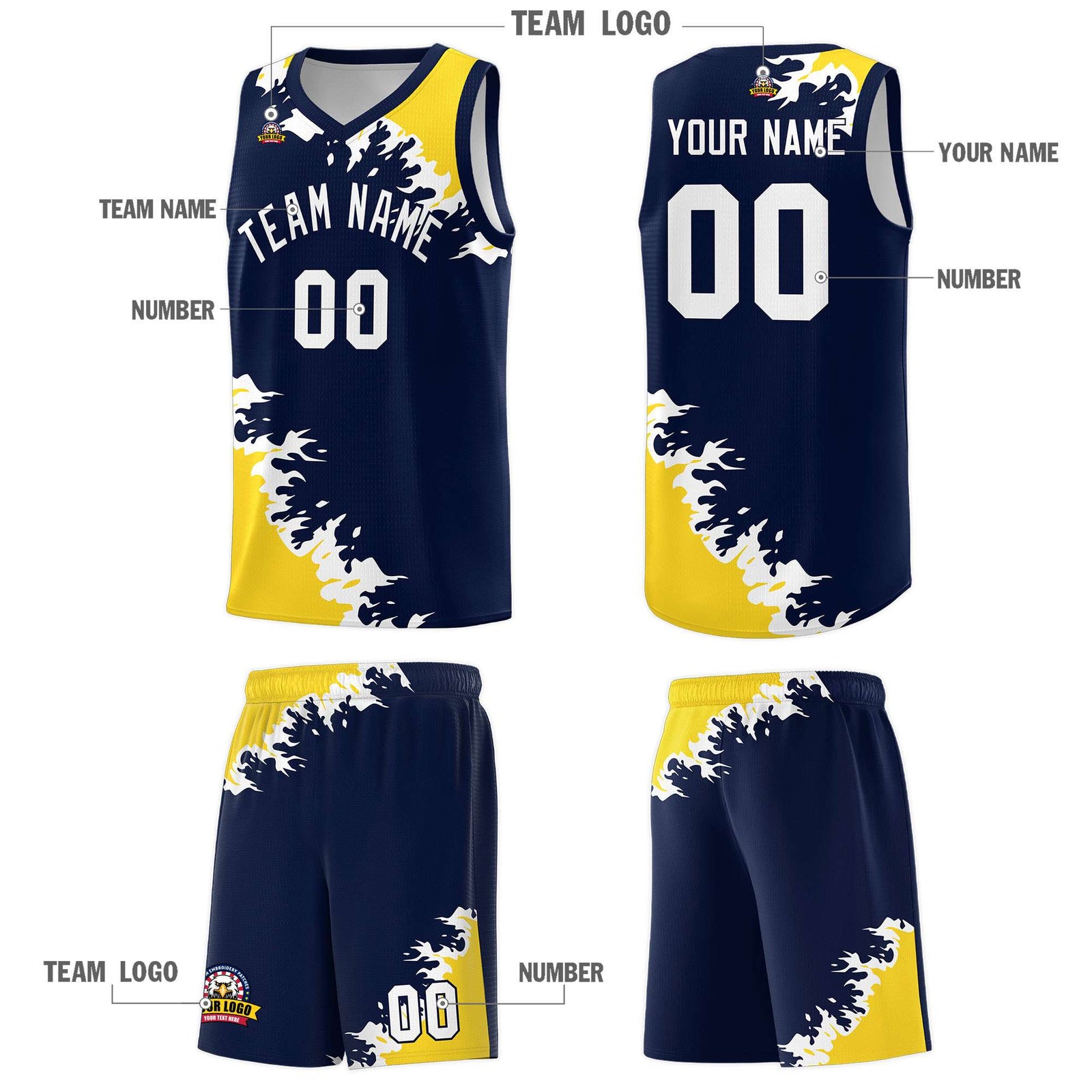 Custom Navy Gold-White Sparkle Print Pattern Basketball Kits