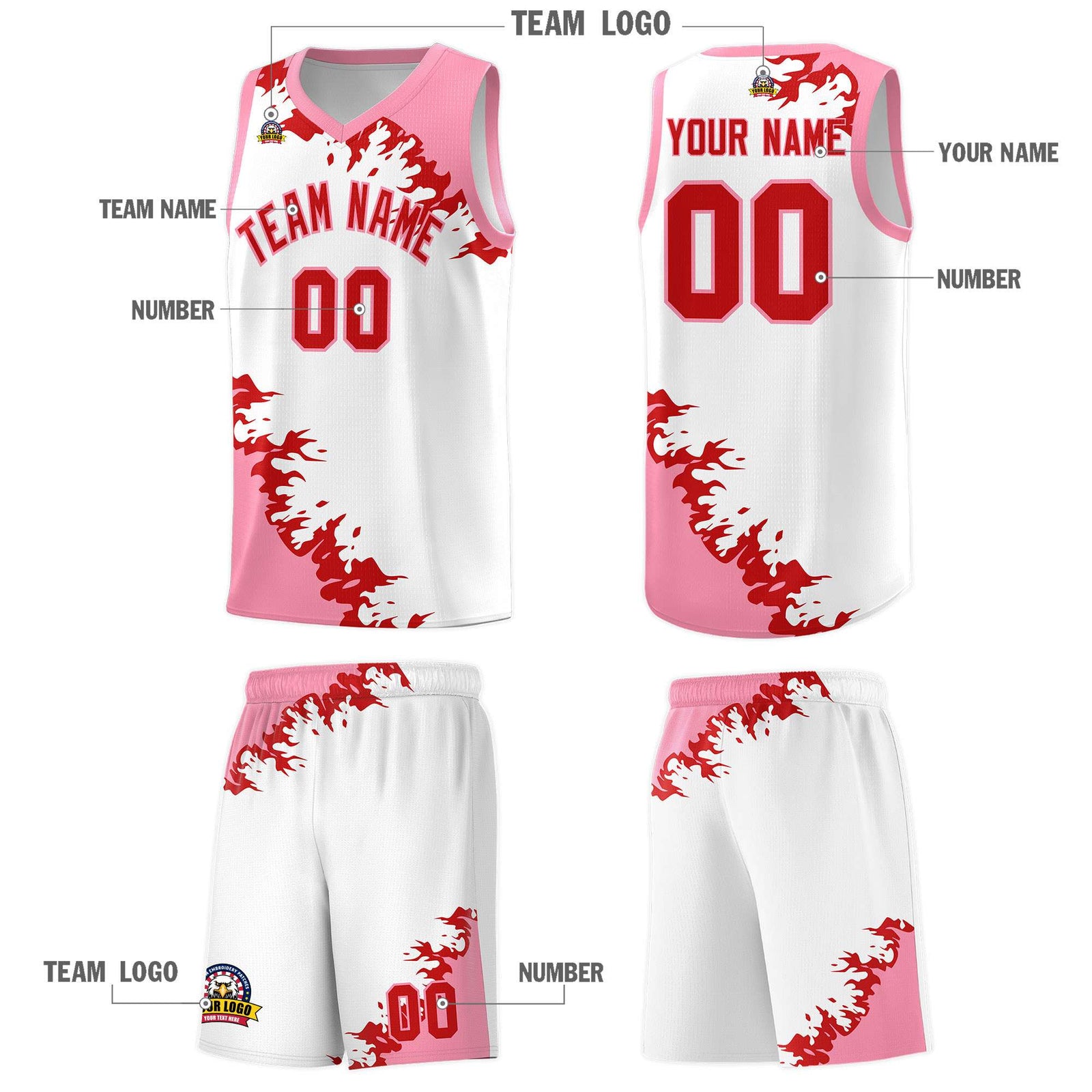 Custom White Light Pink-Red Sparkle Print Pattern Basketball Kits