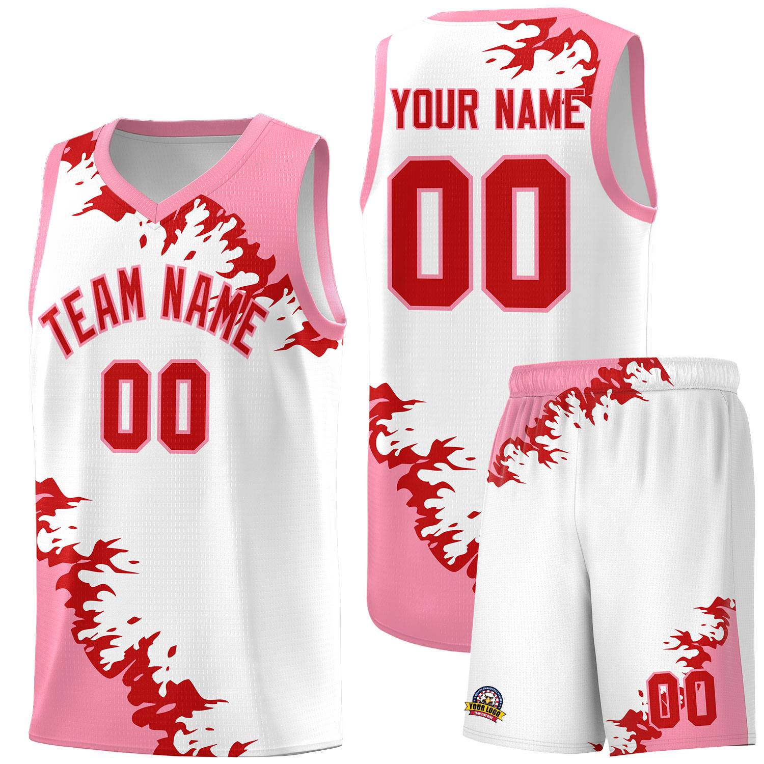 Custom White Light Pink-Red Sparkle Print Pattern Basketball Kits
