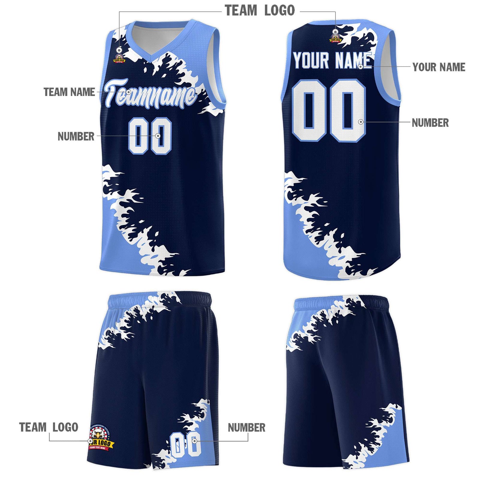 Custom Navy Light Blue-White Sparkle Print Pattern Basketball Kits