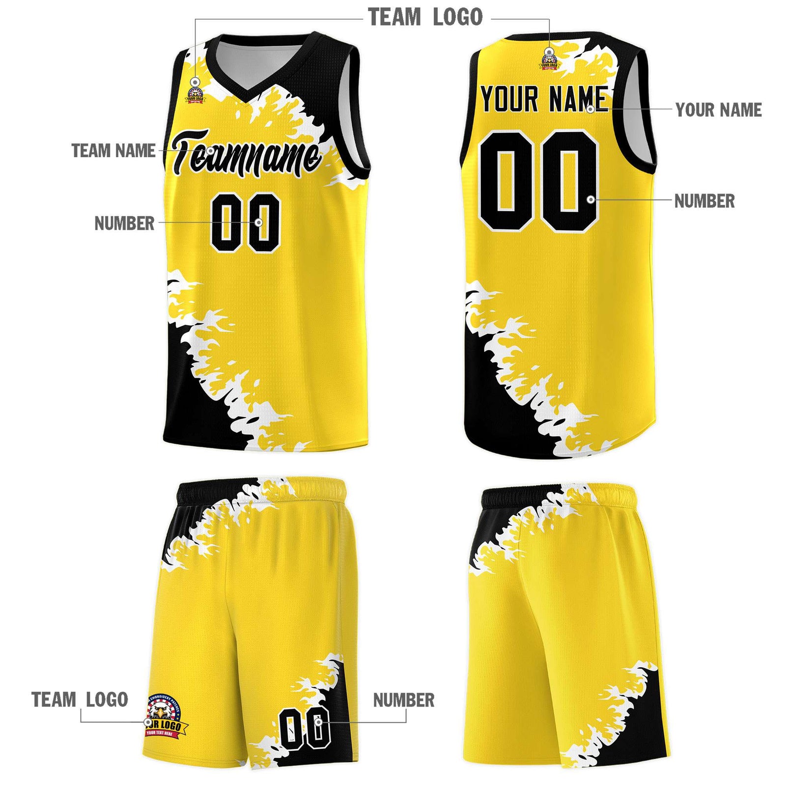 Custom Gold Black-White Sparkle Print Pattern Basketball Kits
