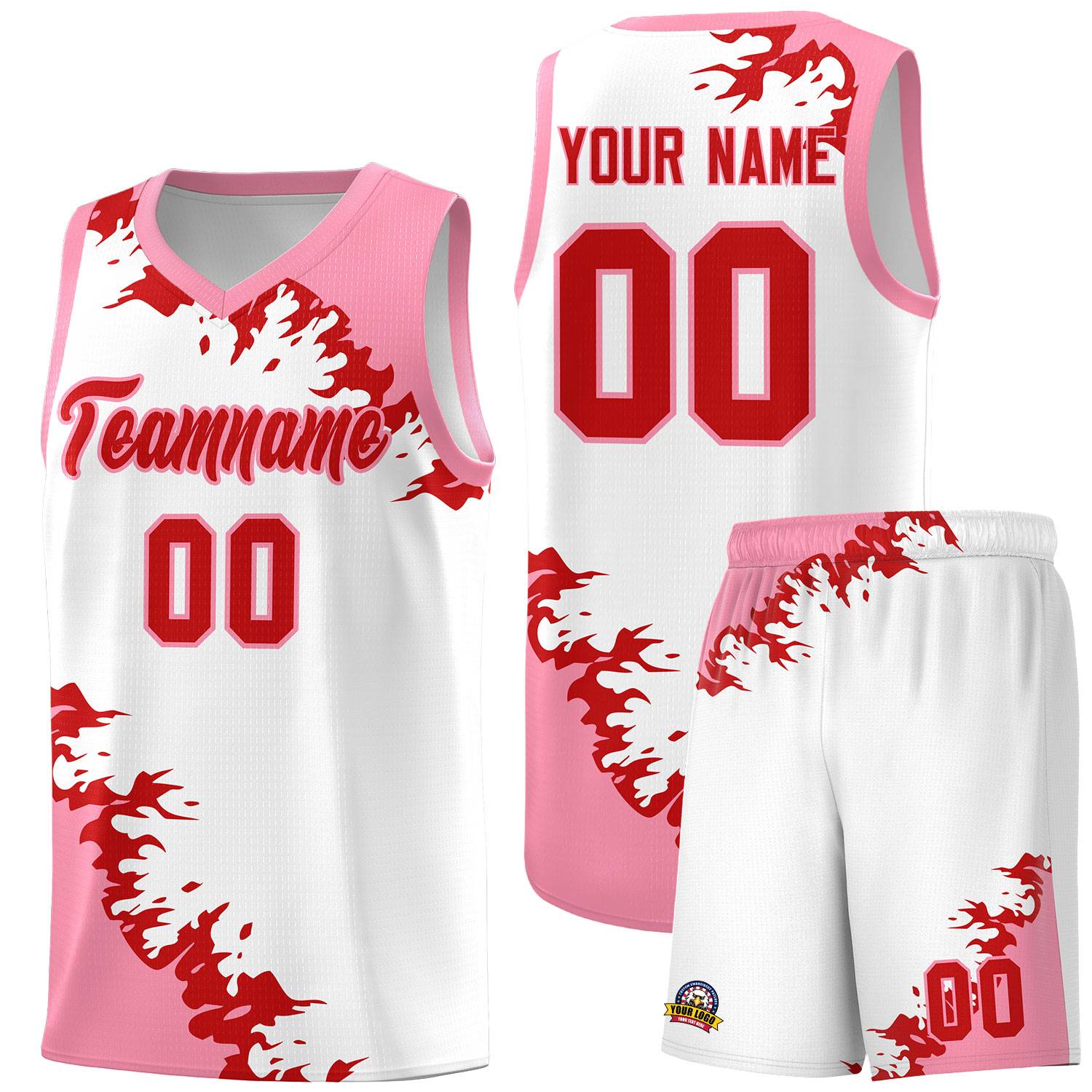 Custom White Light Pink-Red Sparkle Print Pattern Basketball Kits