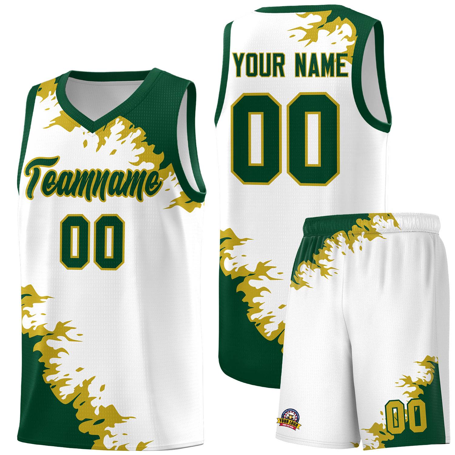 Custom White Green-Old Gold Sparkle Print Pattern Basketball Kits