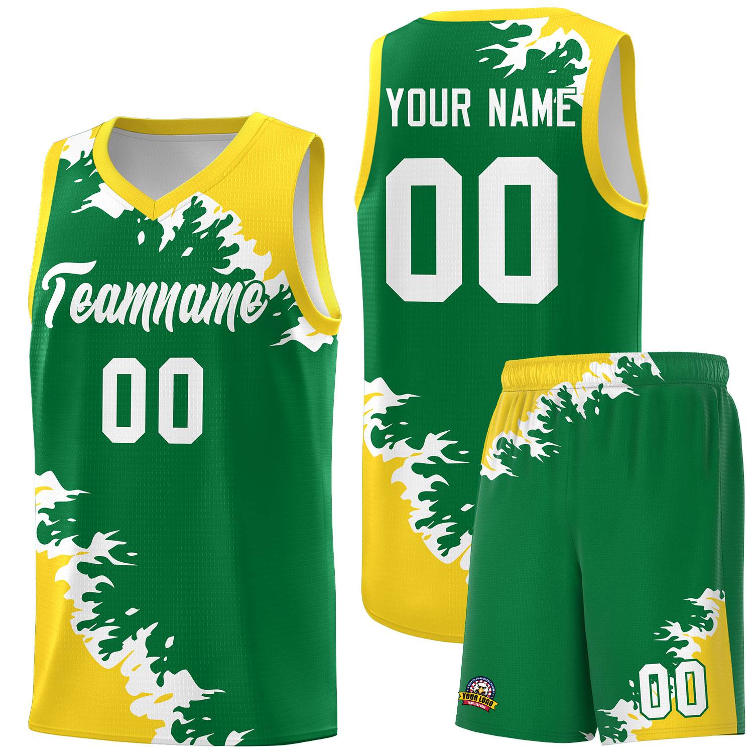 Custom Kelly Green Gold-White Sparkle Print Pattern Basketball Kits