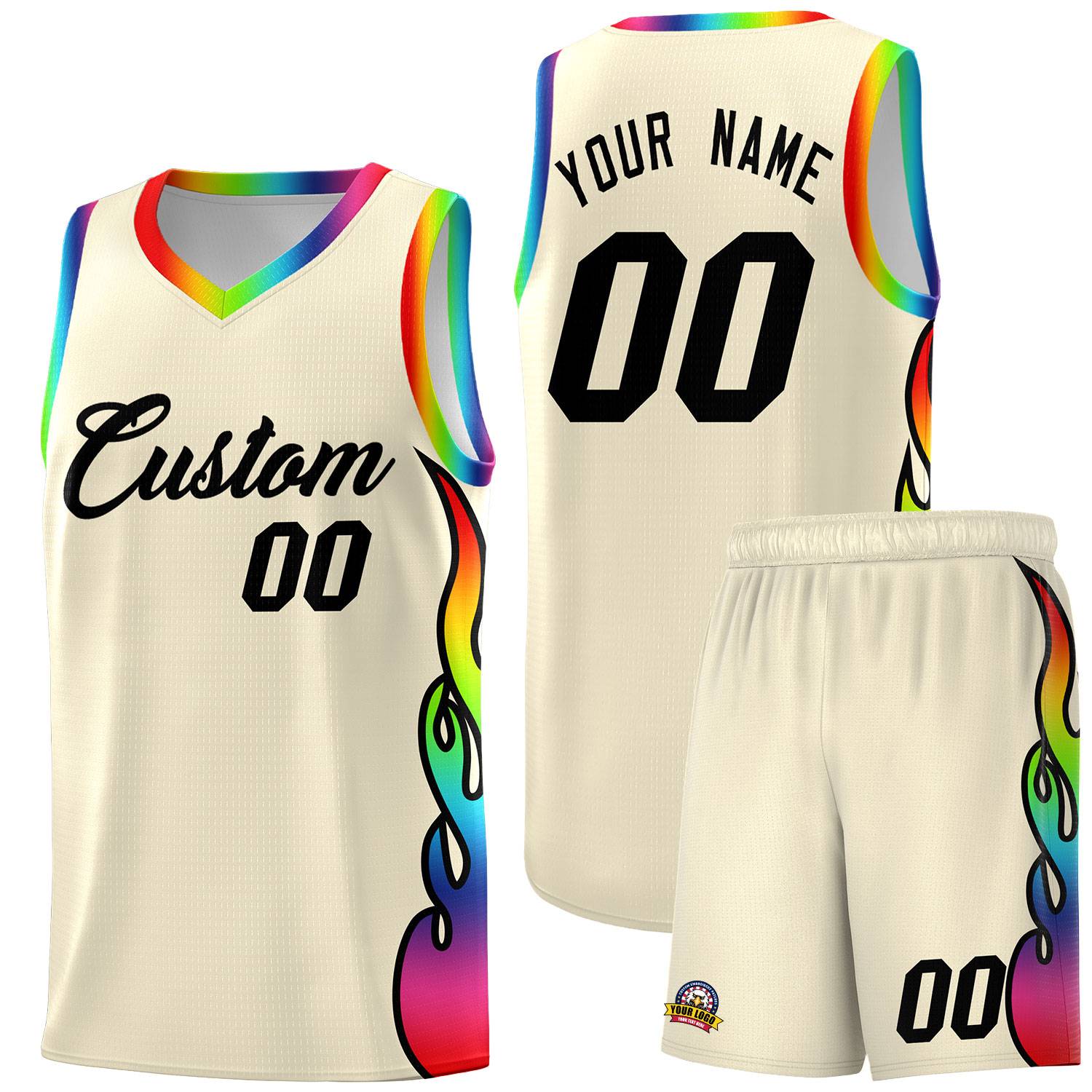 Custom Cream Side Flame Pattern Fashion Sports Uniform Basketball Jersey