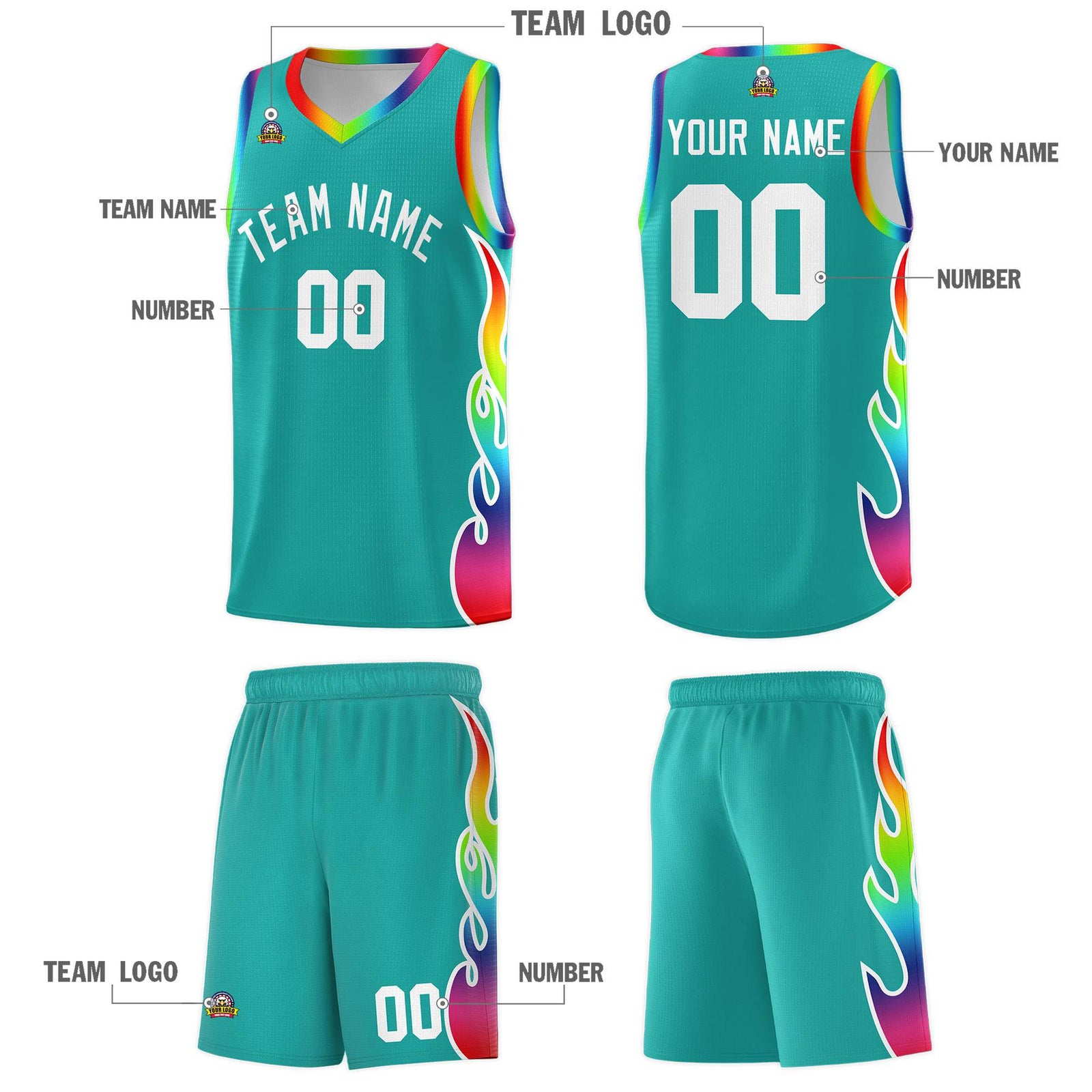 Custom Aqua Side Flame Pattern Fashion Sports Uniform Basketball Jersey