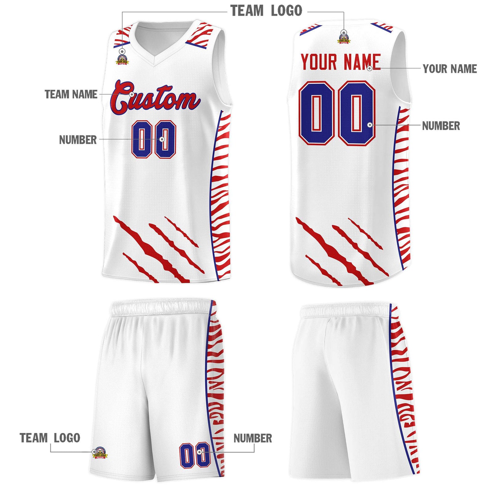 Custom White Personalized Tiger Claw Pattern Sports Uniform Basketball Jersey