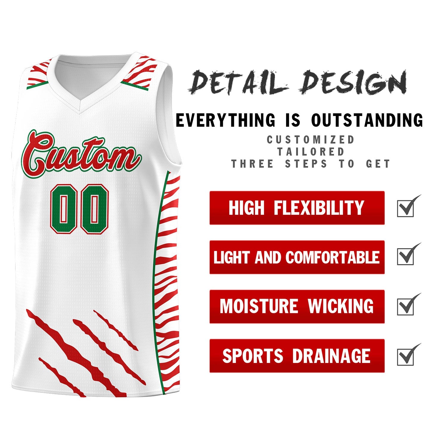 Custom White Personalized Tiger Claw Pattern Sports Uniform Basketball Jersey