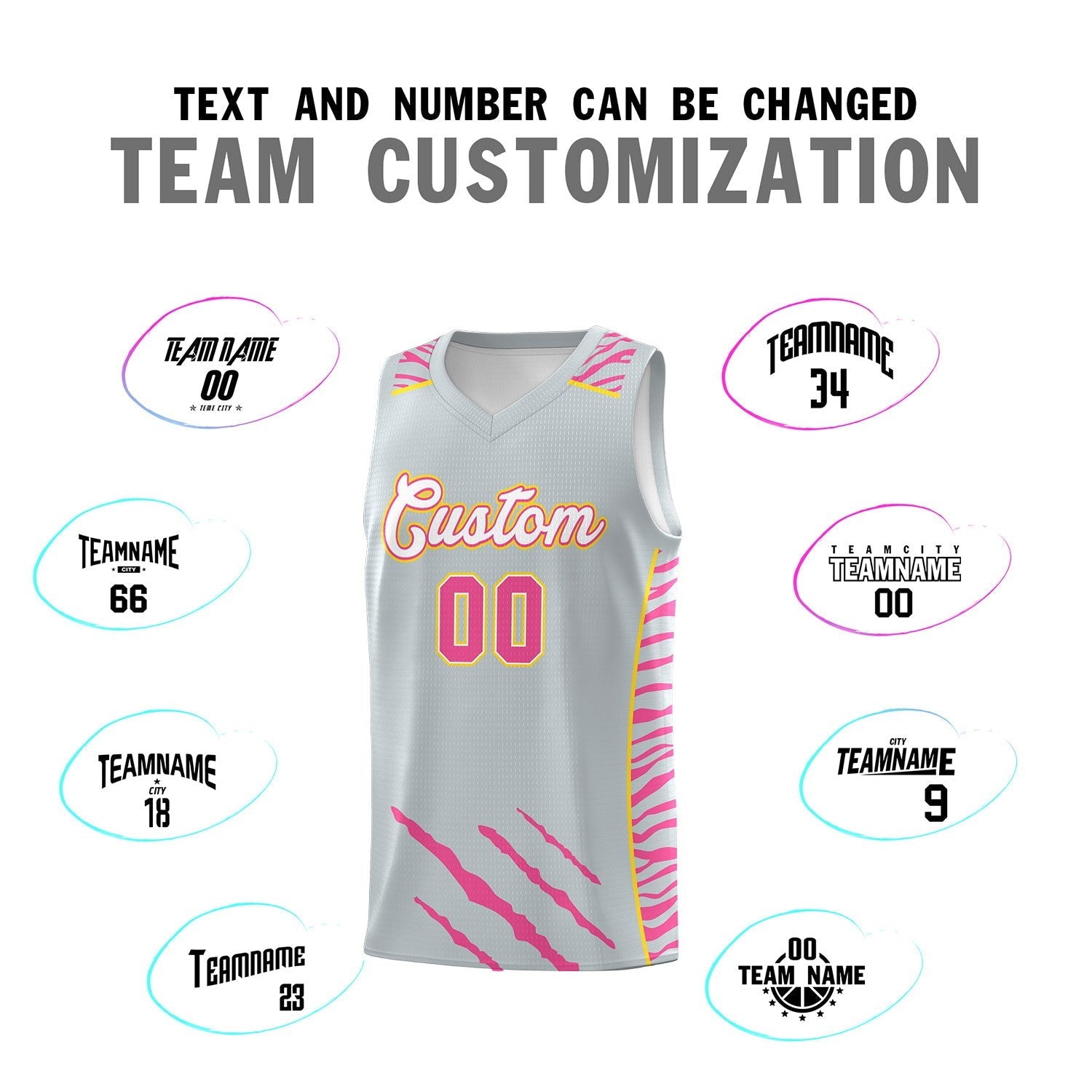 Custom Silver Personalized Tiger Claw Pattern Sports Uniform Basketball Jersey