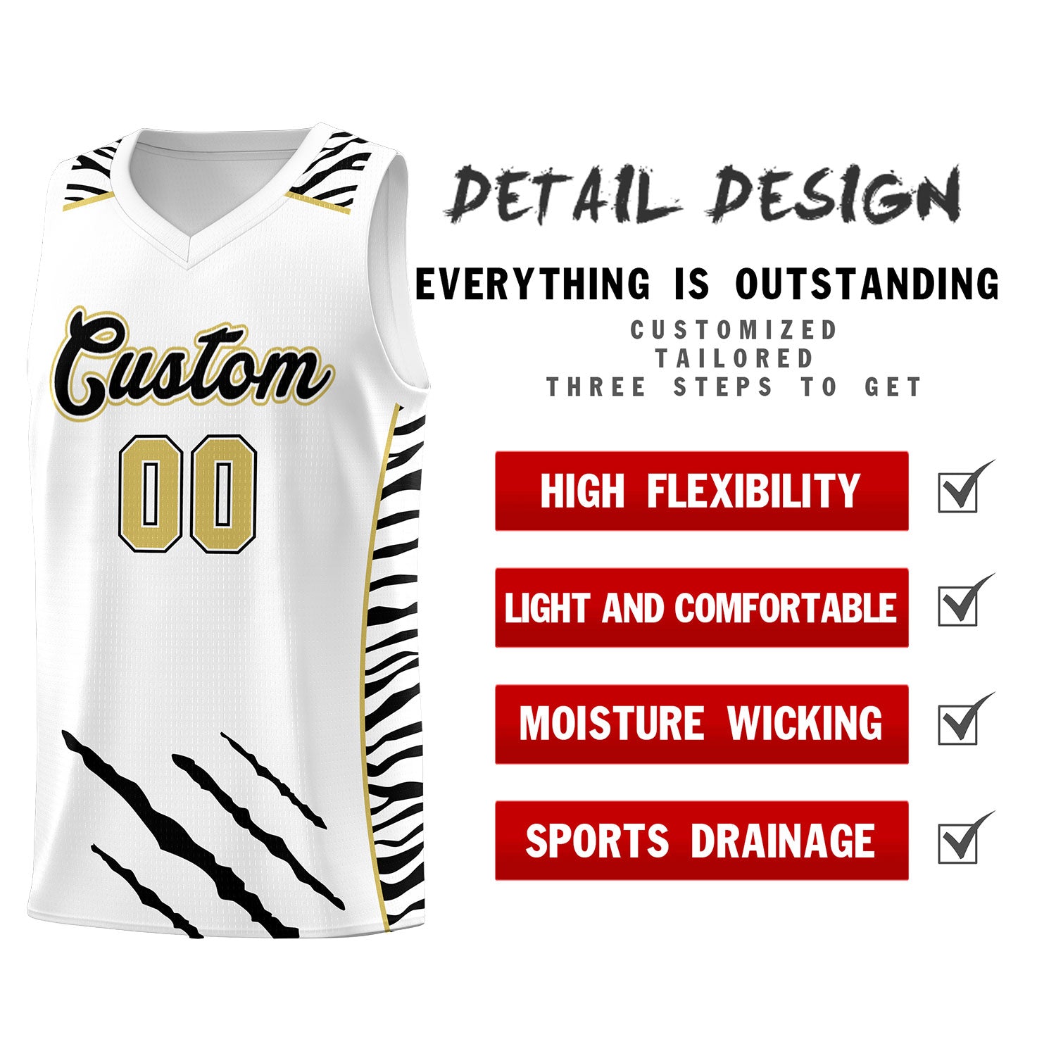 Custom White Personalized Tiger Claw Pattern Sports Uniform Basketball Jersey