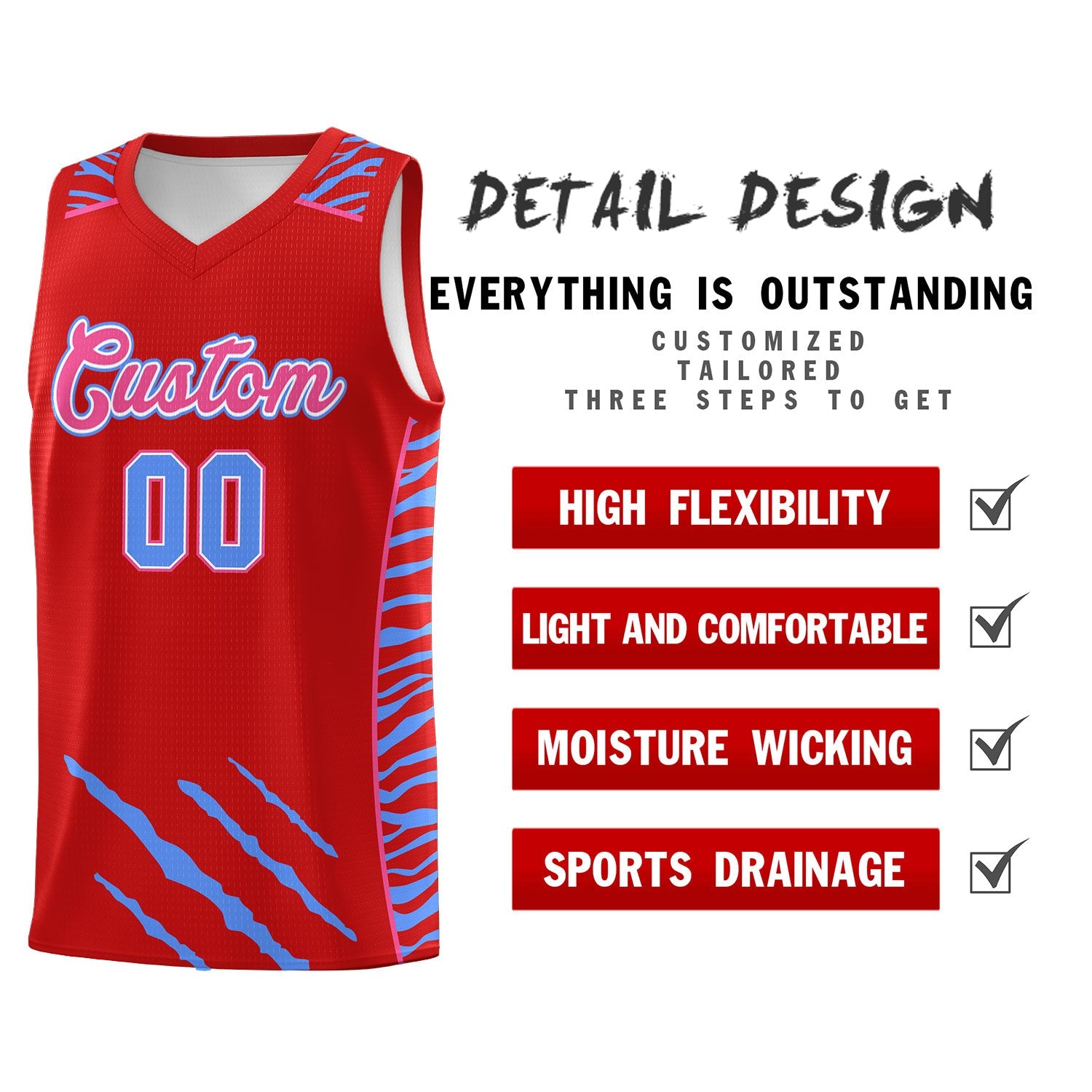 Custom Red Personalized Tiger Claw Pattern Sports Uniform Basketball Jersey