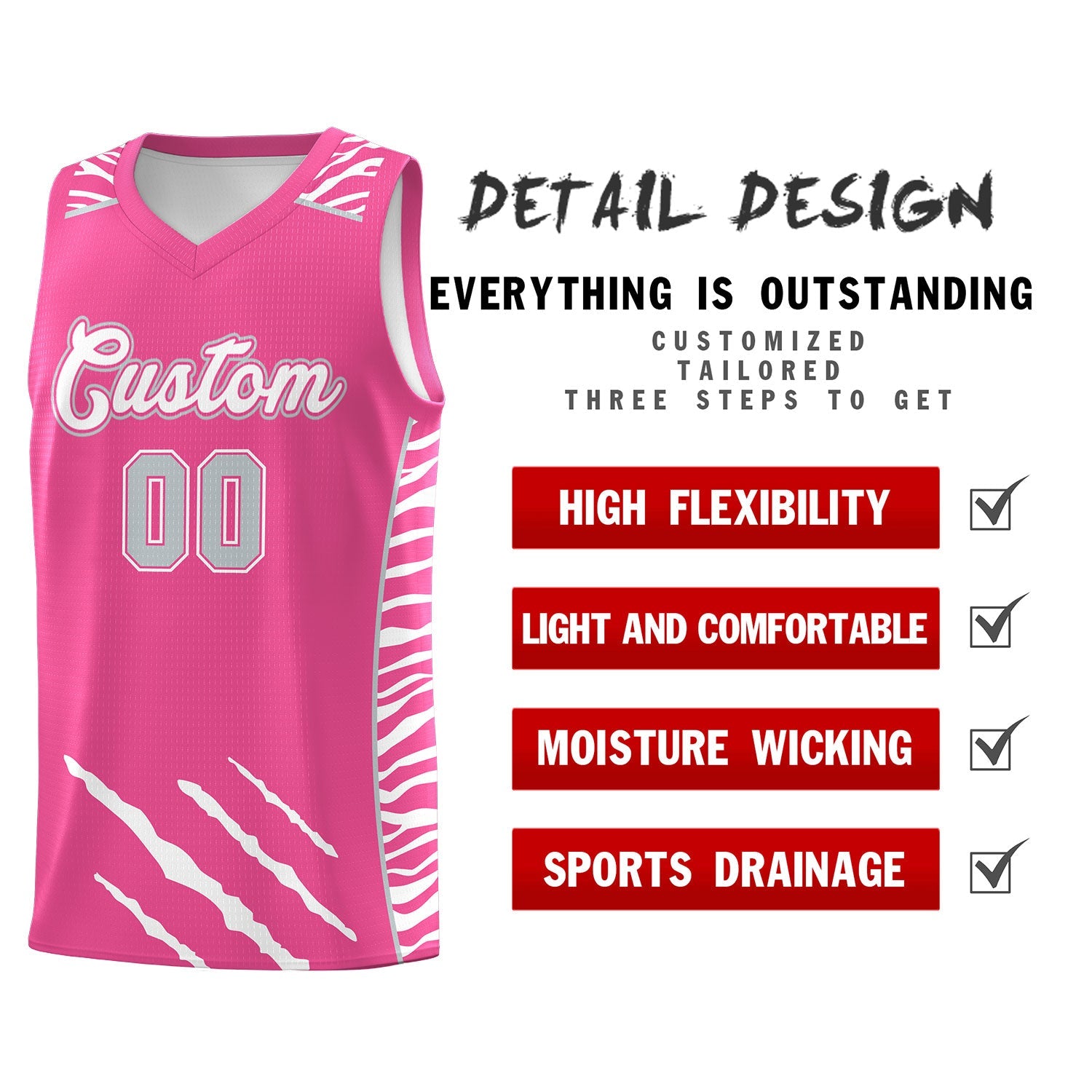 Custom Pink Personalized Tiger Claw Pattern Sports Uniform Basketball Jersey