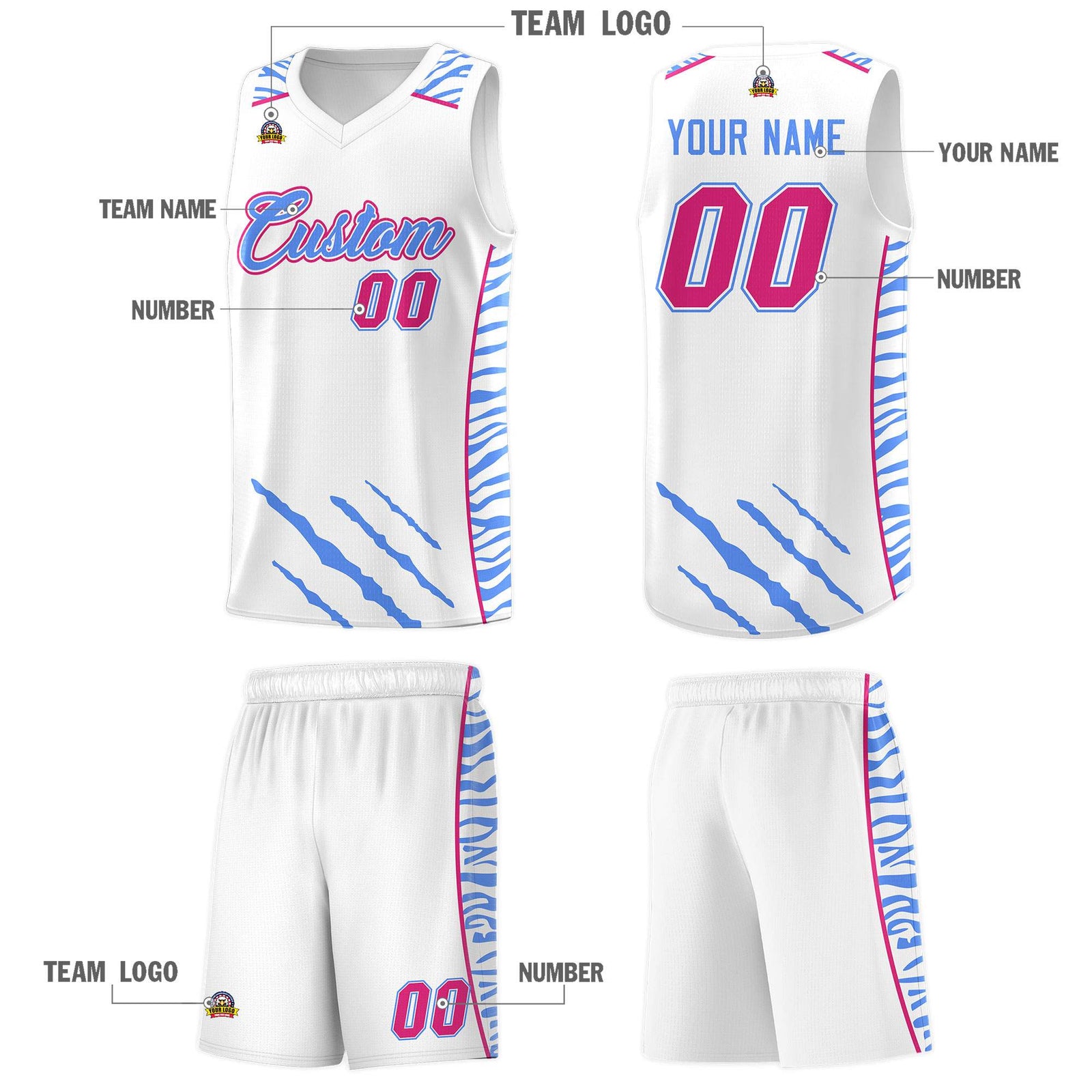 Custom White Personalized Tiger Claw Pattern Sports Uniform Basketball Jersey