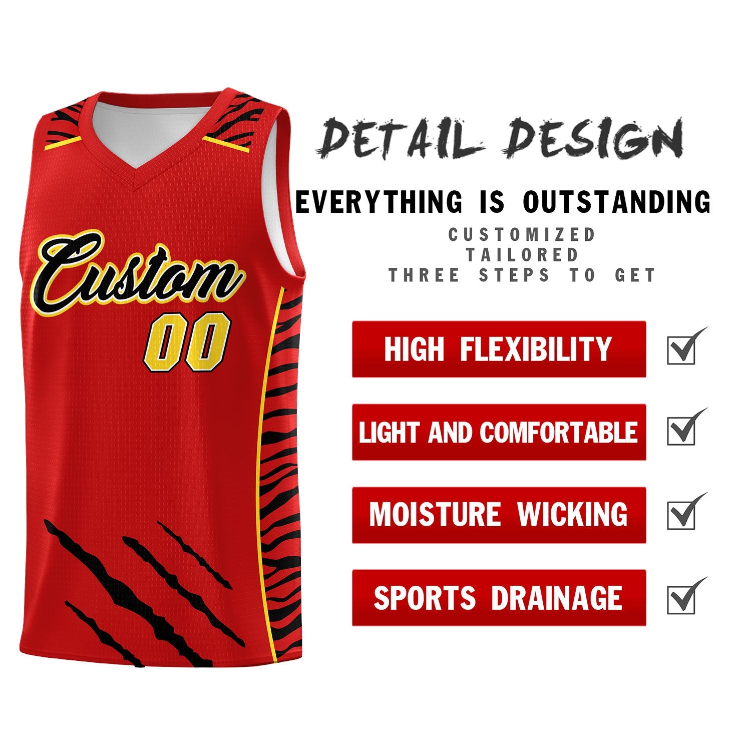 Custom Red Personalized Tiger Claw Pattern Sports Uniform Basketball Jersey