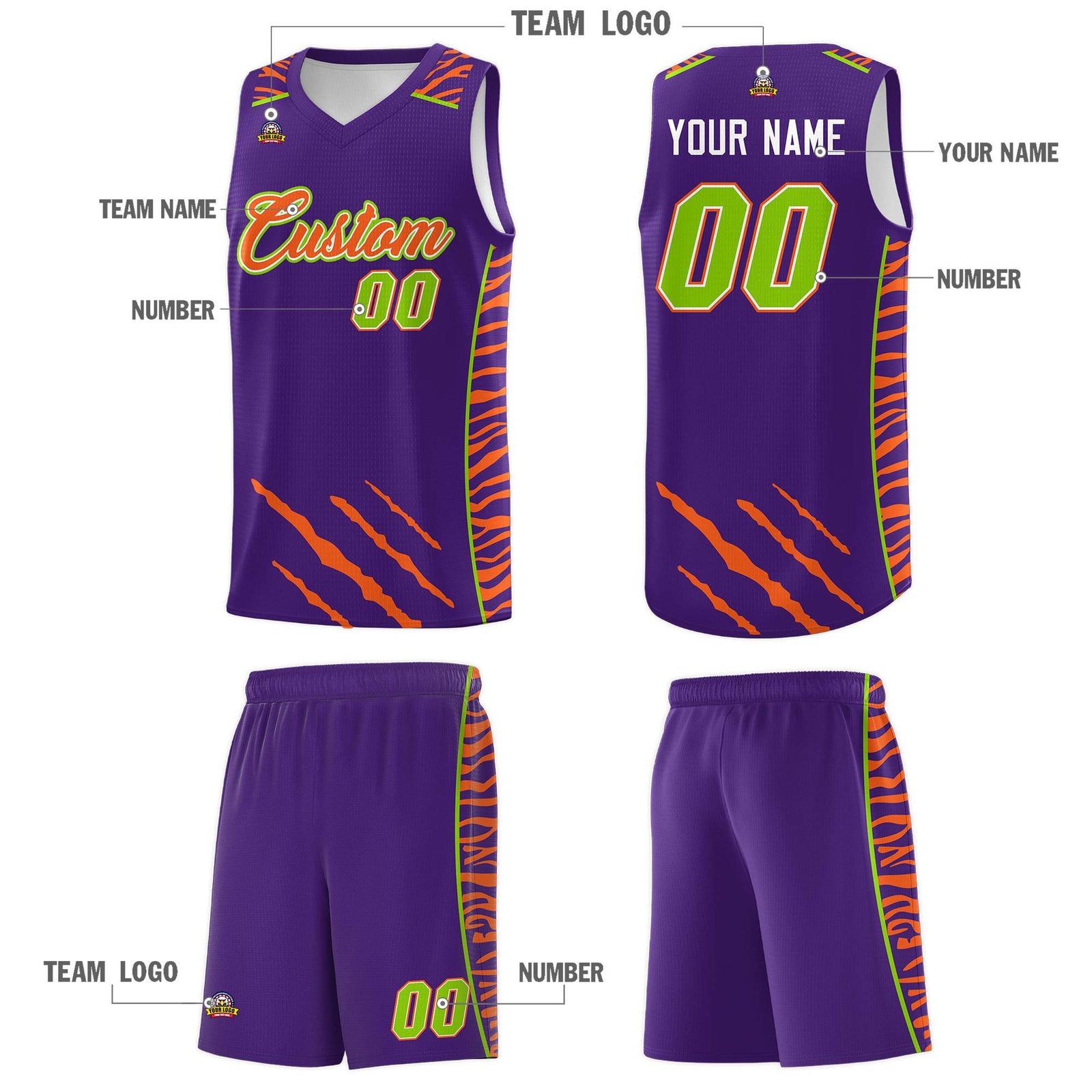 Custom Purple Personalized Tiger Claw Pattern Sports Uniform Basketball Jersey