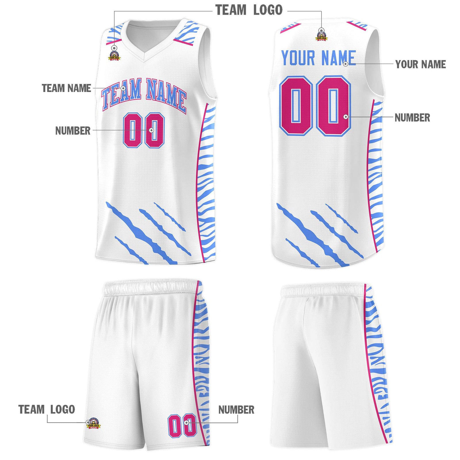 Custom White Personalized Tiger Claw Pattern Sports Uniform Basketball Jersey
