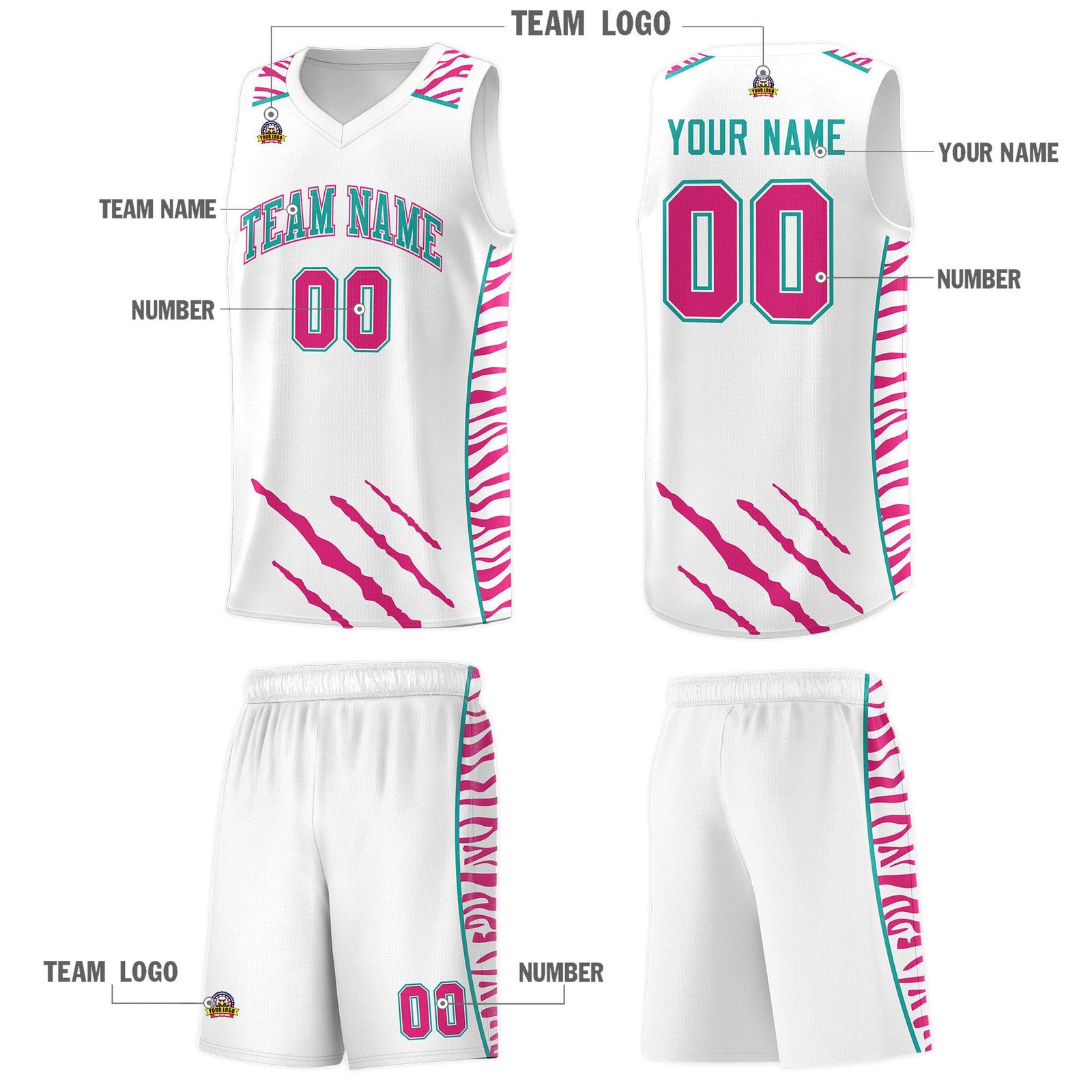 Custom White Personalized Tiger Claw Pattern Sports Uniform Basketball Jersey