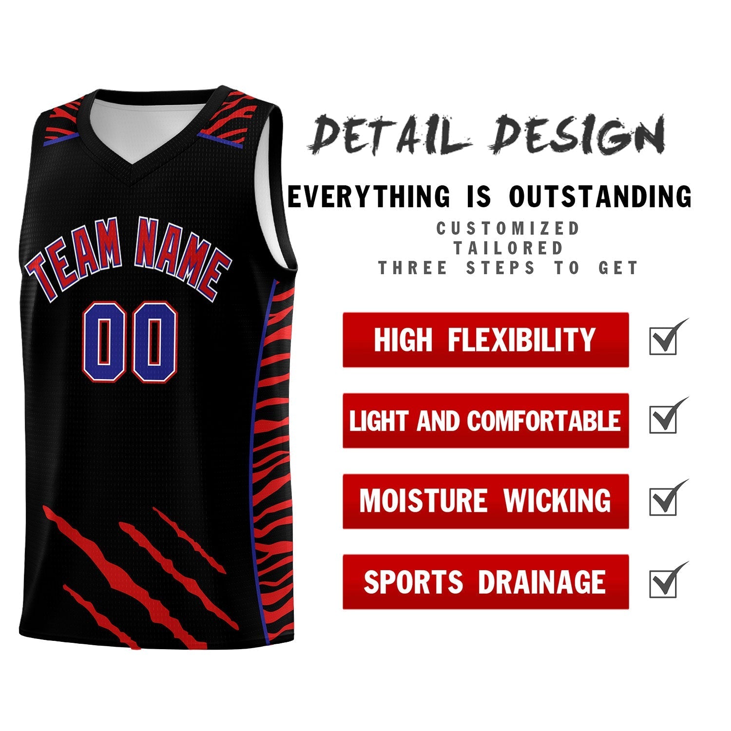 Custom Black Personalized Tiger Claw Pattern Sports Uniform Basketball Jersey