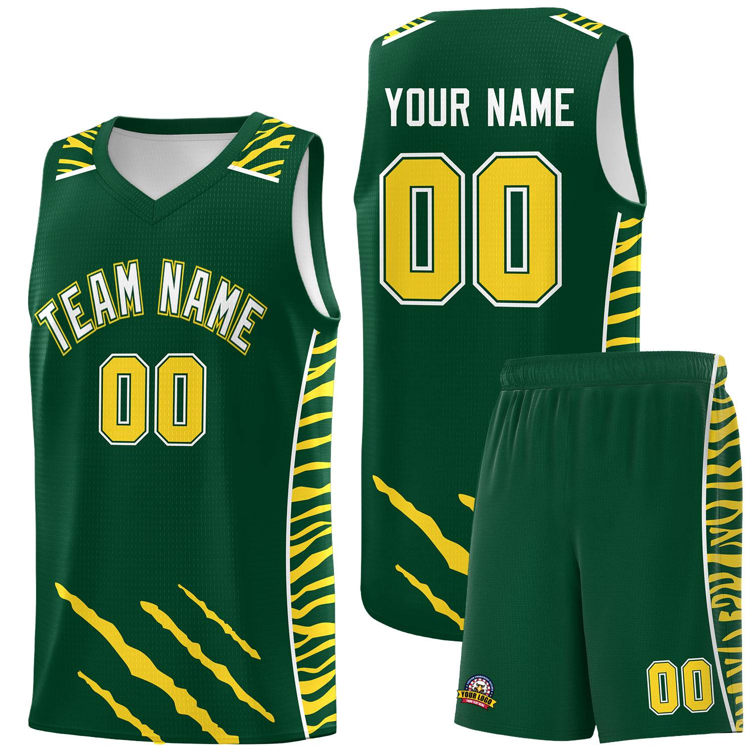 Custom Green Personalized Tiger Claw Pattern Sports Uniform Basketball Jersey