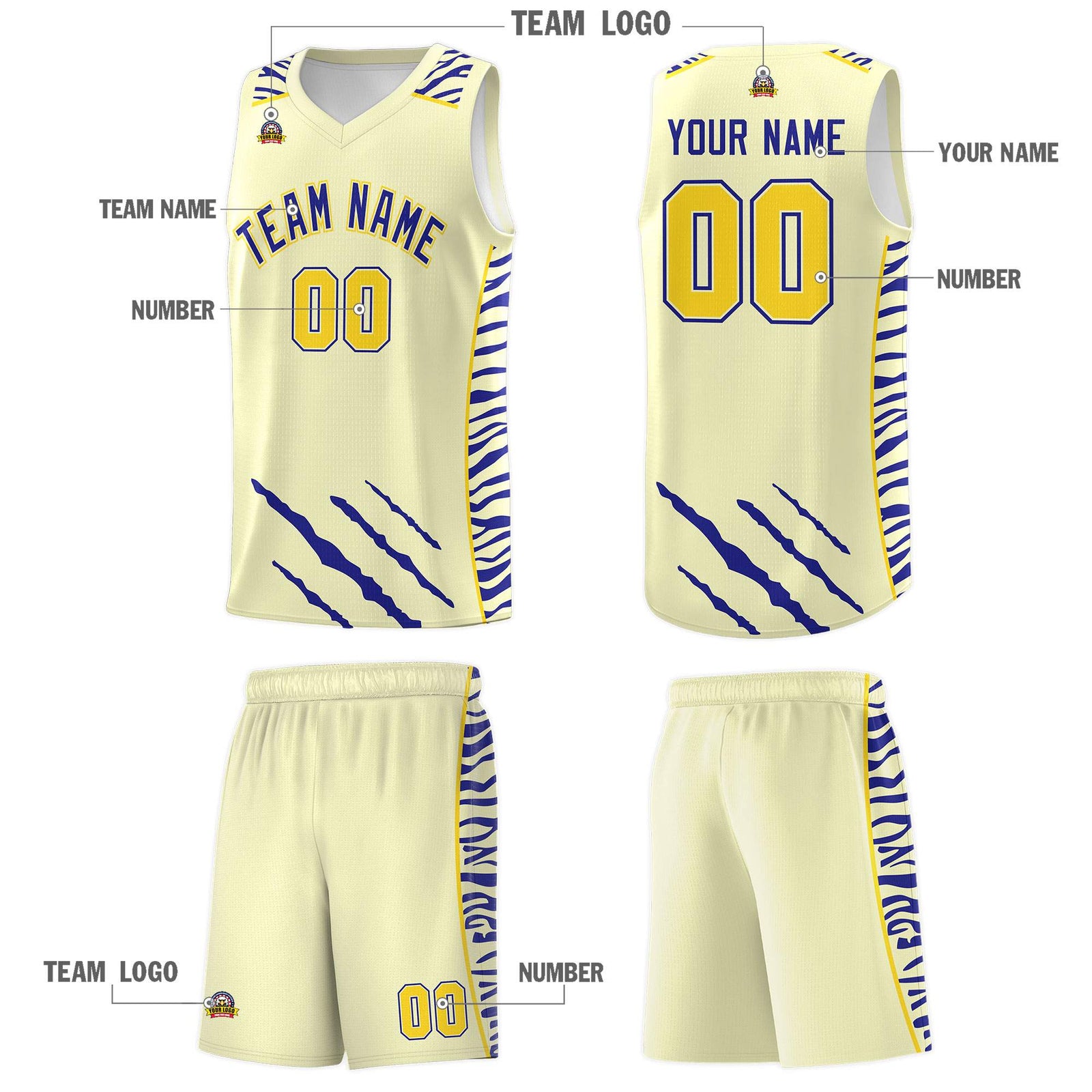 Custom Cream Personalized Tiger Claw Pattern Sports Uniform Basketball Jersey