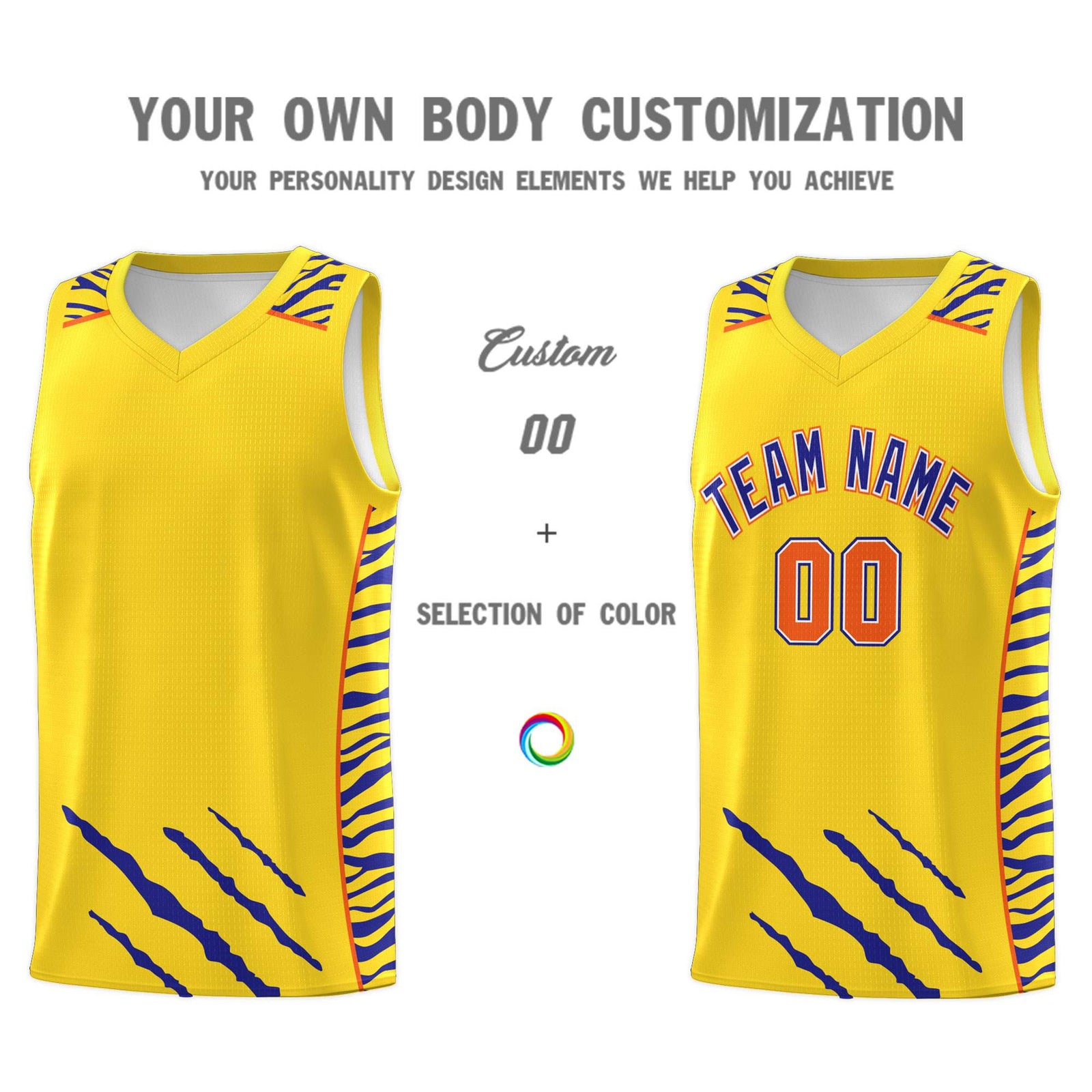 Custom Gold Personalized Tiger Claw Pattern Sports Uniform Basketball Jersey