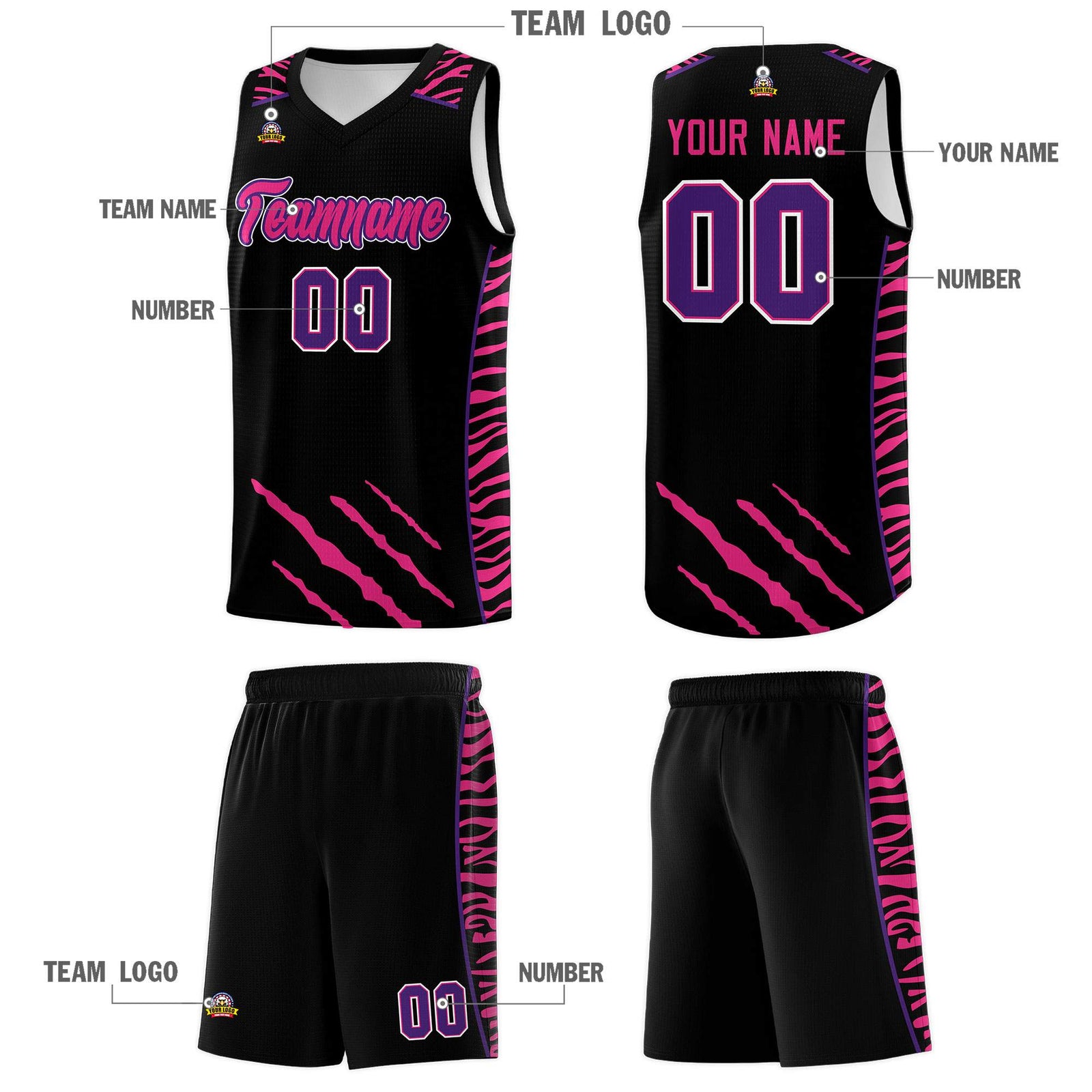 Custom Black Personalized Tiger Claw Pattern Sports Uniform Basketball Jersey