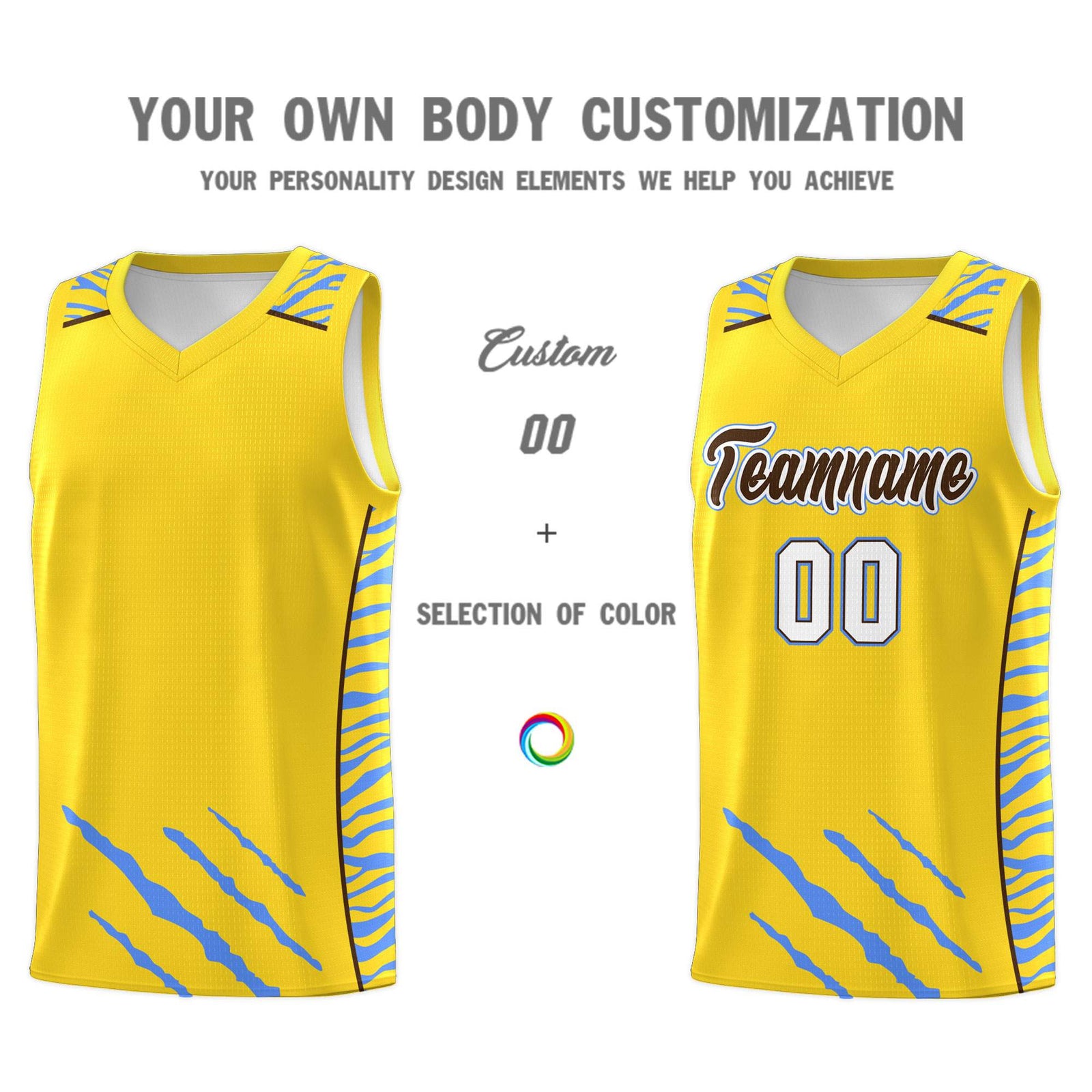 Custom Gold Personalized Tiger Claw Pattern Sports Uniform Basketball Jersey