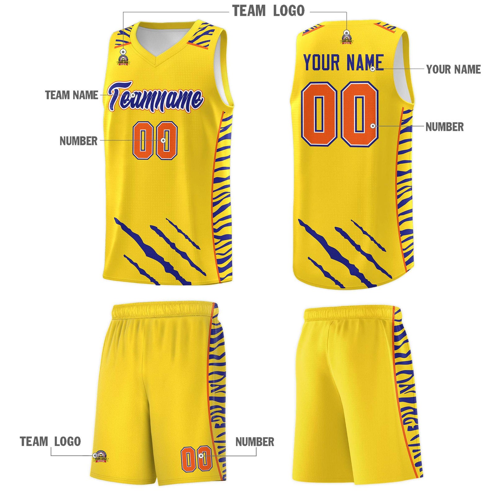 Custom Gold Personalized Tiger Claw Pattern Sports Uniform Basketball Jersey